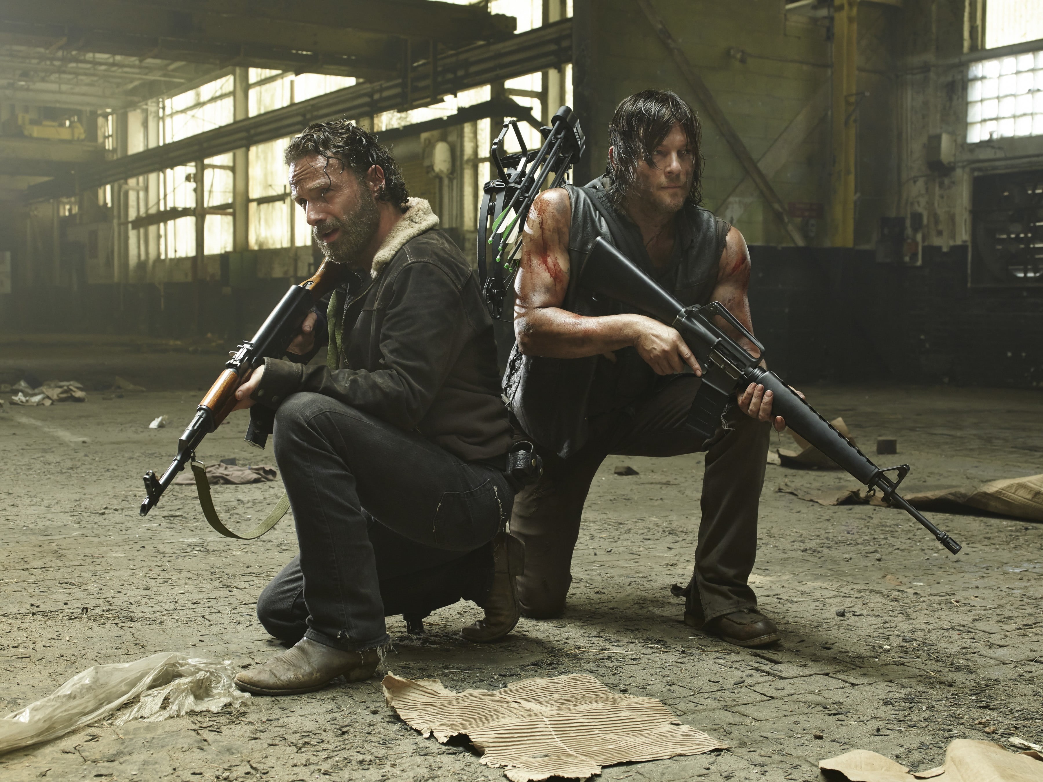 The Walking Dead, guitar, architecture, dixon, grimes, men, lifestyles, rick, young adult, playing, two people, full length, young men, built structure, HD Wallpaper