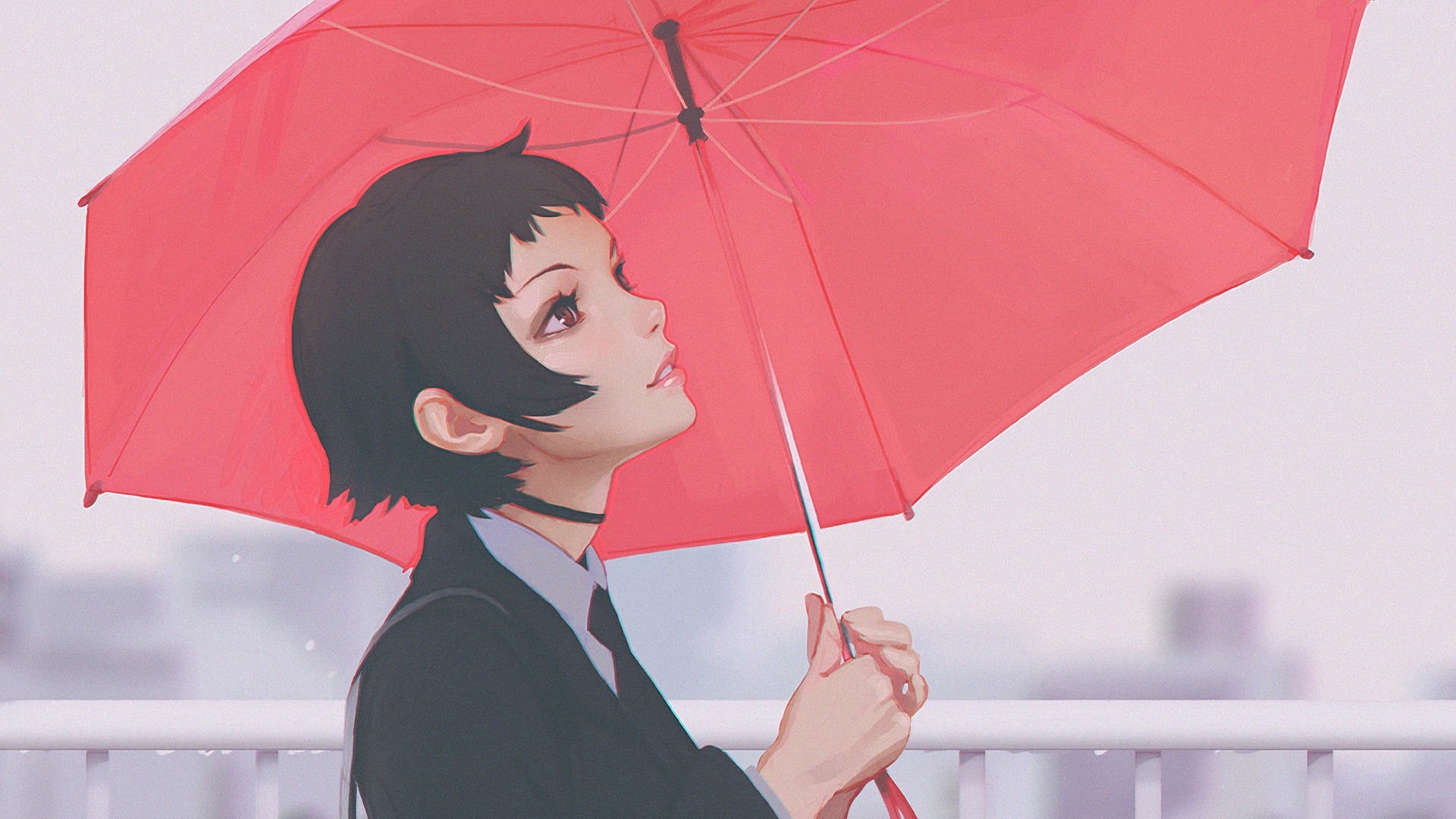 well-dressed, umbrella, woman, women, hairstyle, rain, adult, business person, wet, anime, Ilya Kuvshinov, hand, hair, emotion, 1080P, business, HD Wallpaper