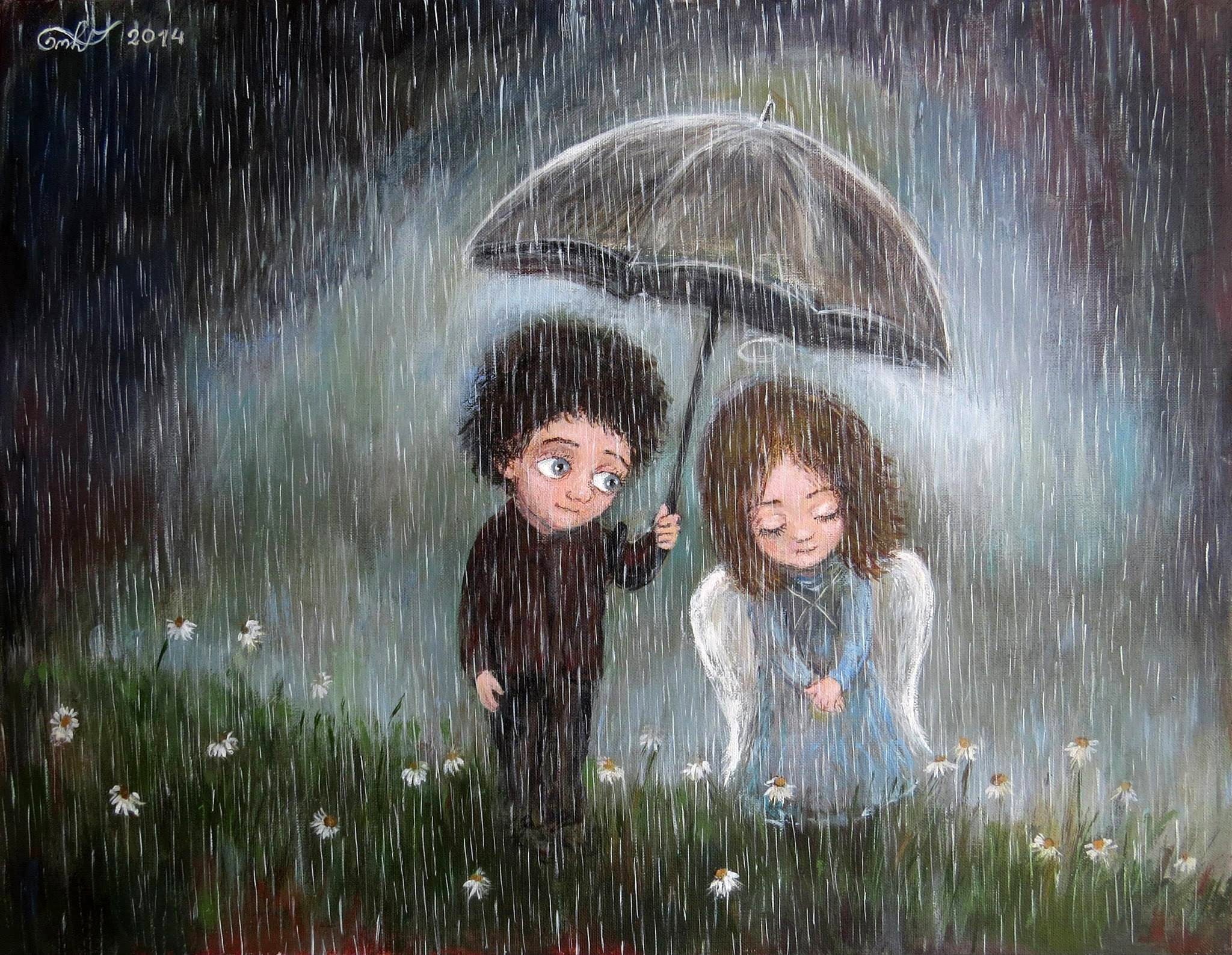 angel, plant, 1080P, water, illustration, field, offspring, artwork, girls, women, emotion, positive emotion, happiness, childhood, umbrella, toward, wet, HD Wallpaper