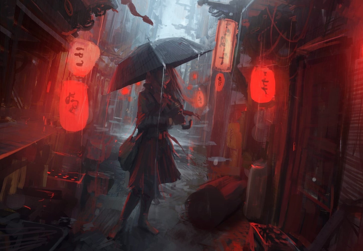 unrecognizable person, architecture, built structure, painting, lantern, three quarter length, rain, winter, holding, protection, women, 720P, redhead, HD Wallpaper
