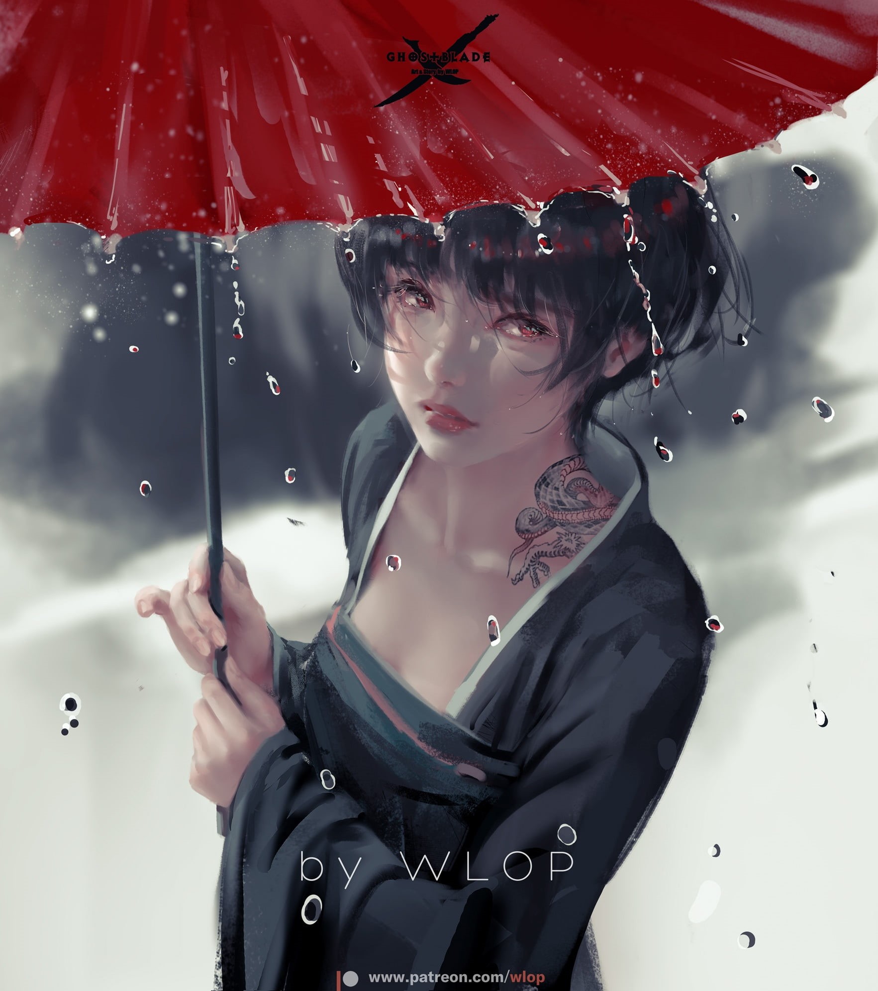 women, tattoo, umbrella, short hair, digital art, artwork, WLOP, Asian, 1080P, rain, Phone HD Wallpaper