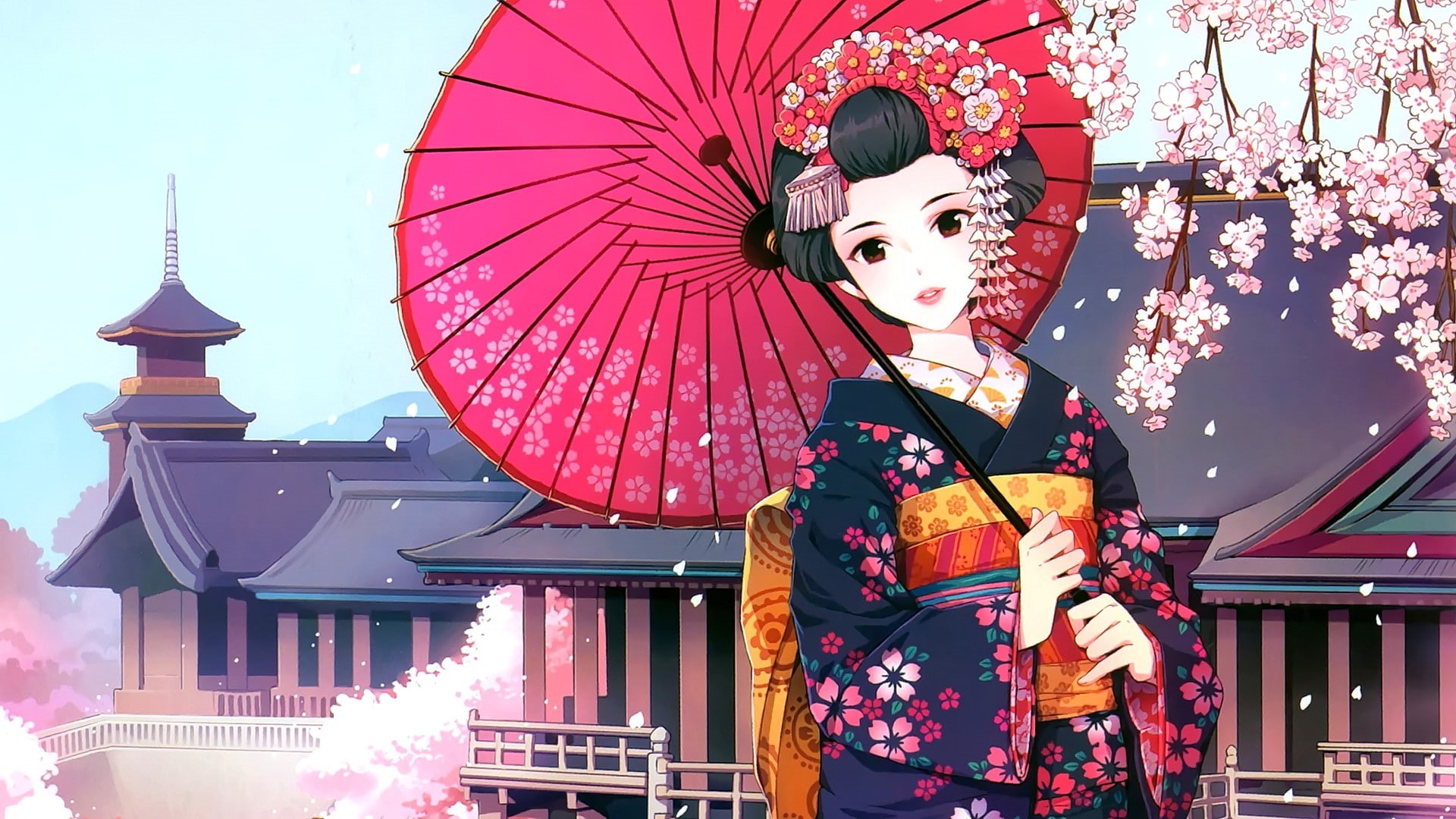 building exterior, anime, outdoors, cherry blossom, Japanese clothes, kimono, architecture, young adult, geisha, one person, spirituality, arts culture and entertainment, HD Wallpaper