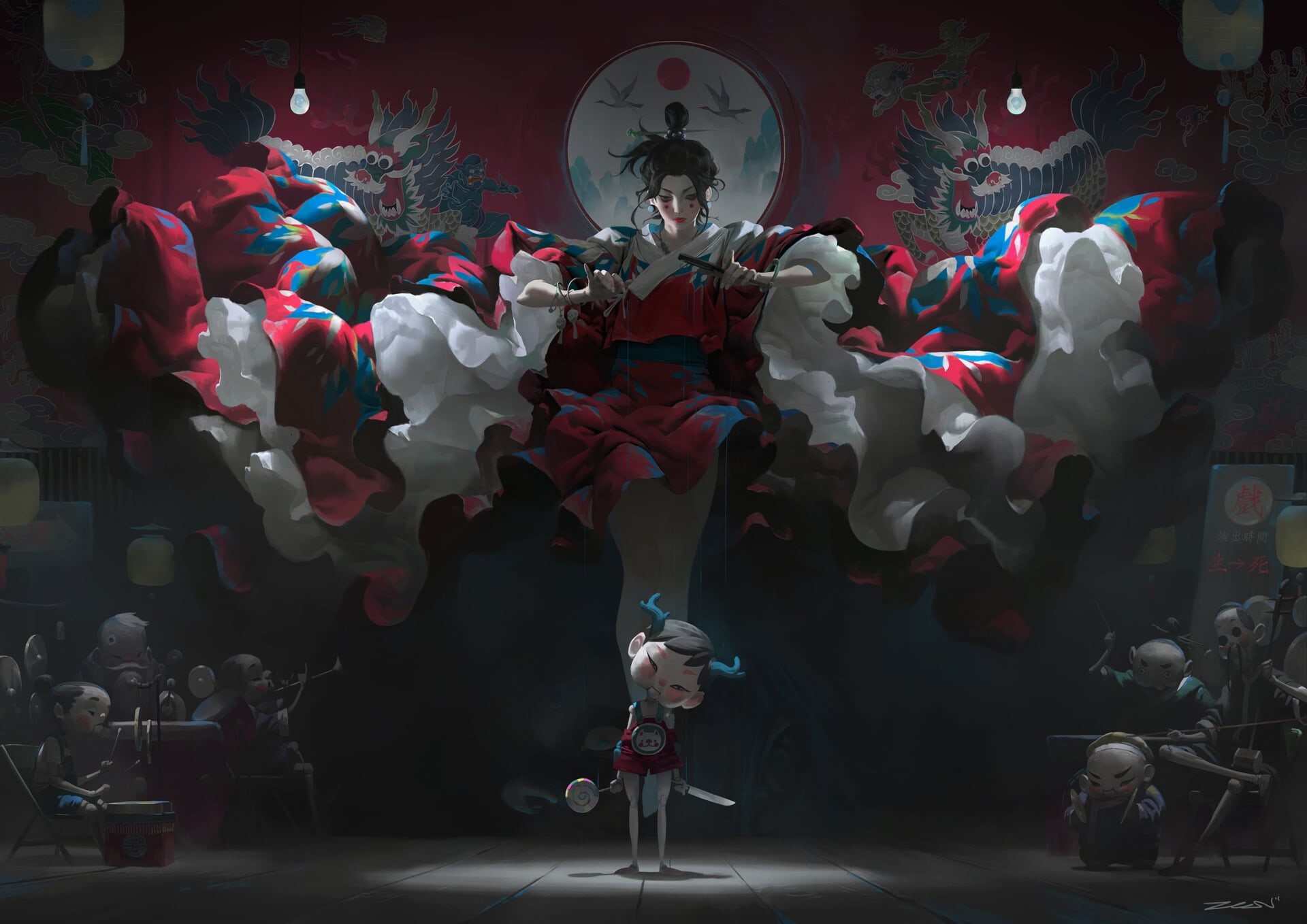 digital art, illustration, drawing, kimono, women, puppets, Zeen Chin, knife, overalls, 1080P, fantasy art, Asian, artwork, geisha, lollipop, HD Wallpaper