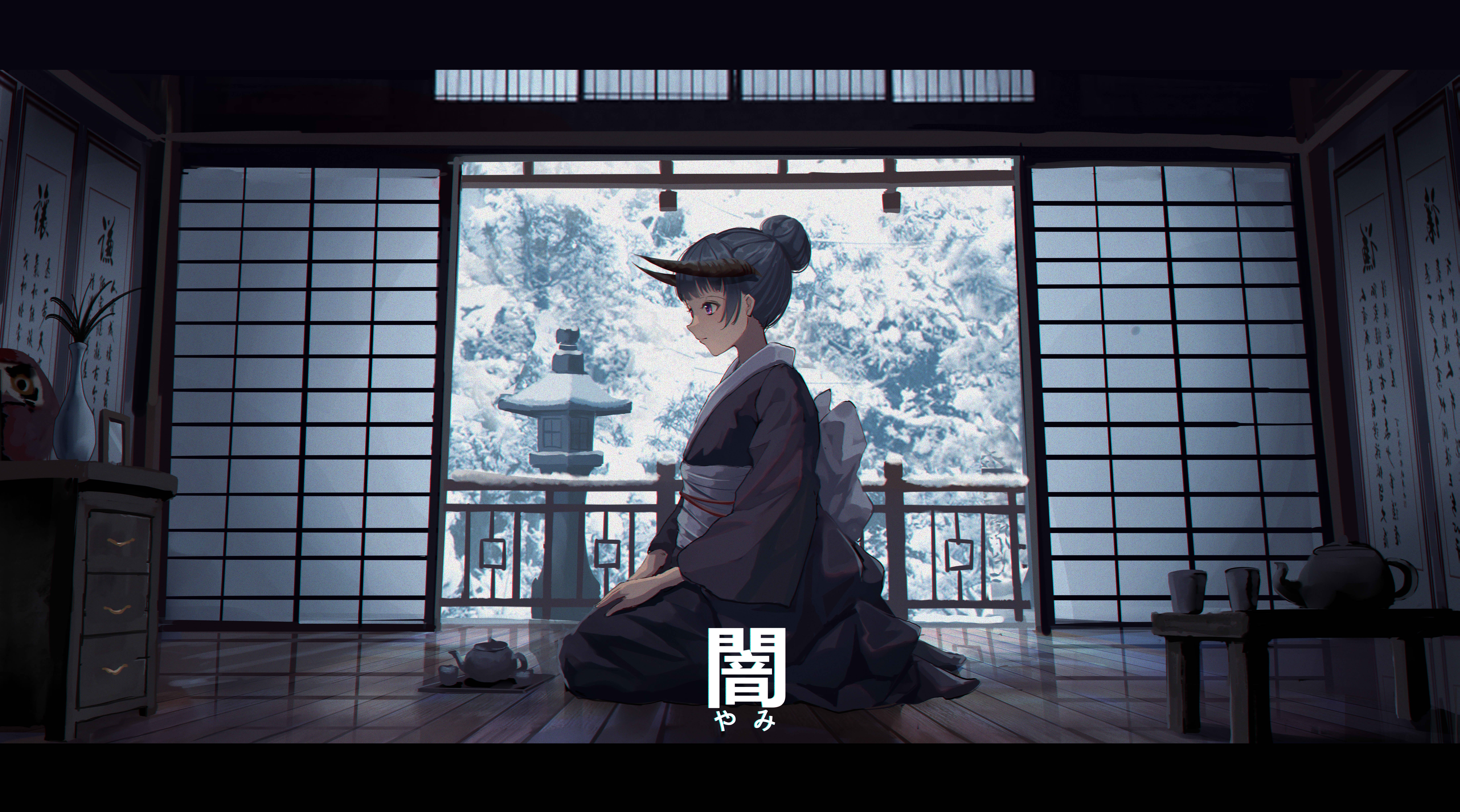 digital art, fantasy girl, illustration, snow, 8K, artwork, Japanese Art, anime girls, environment, women, Asian architecture, concept art, Japanese kimono, HD Wallpaper