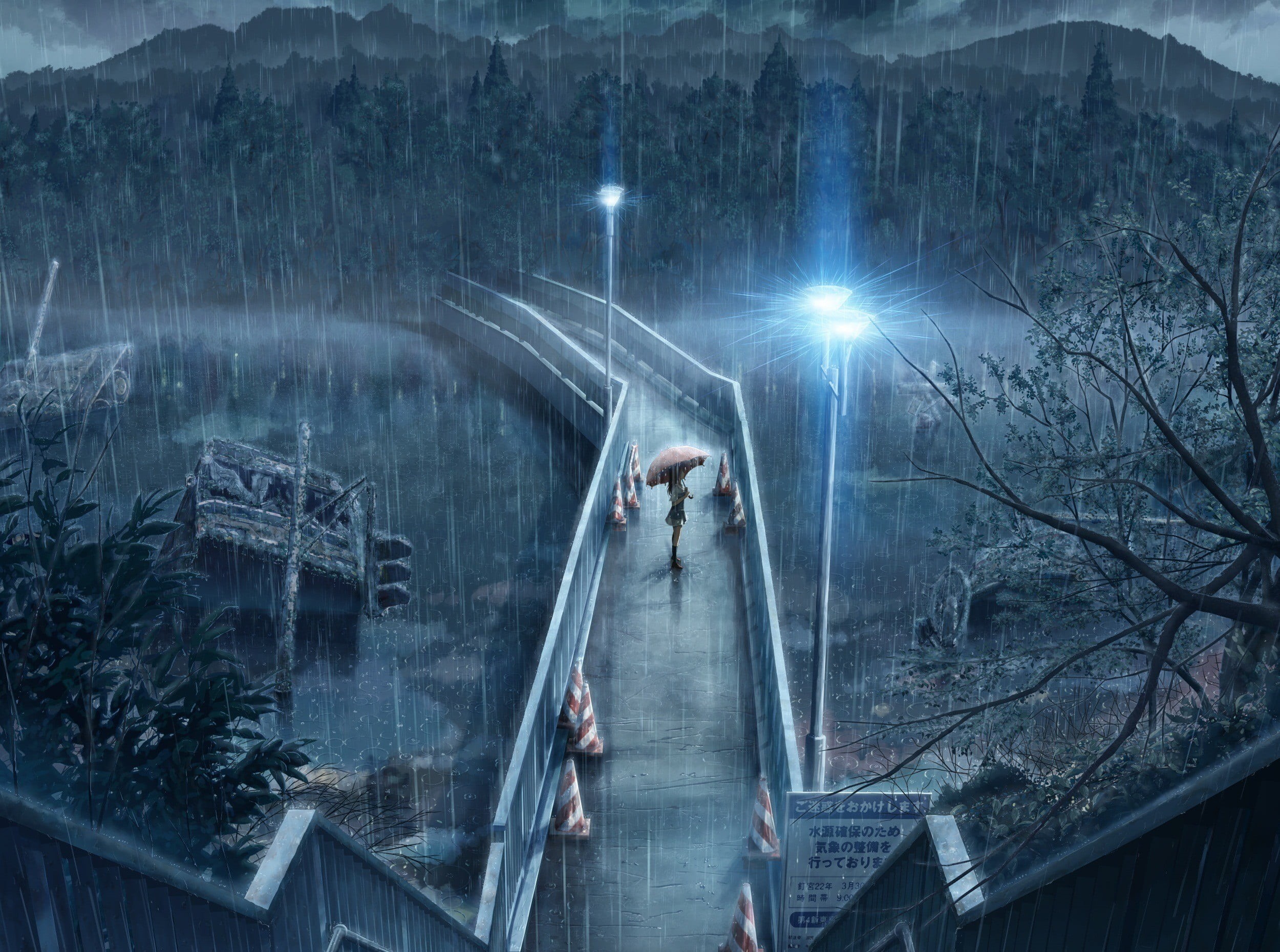 standing, water, built structure, woman, bridge, long exposure, illuminated, lighting equipment, transparent, heavy rain, anime, umbrella, building exterior, HD Wallpaper