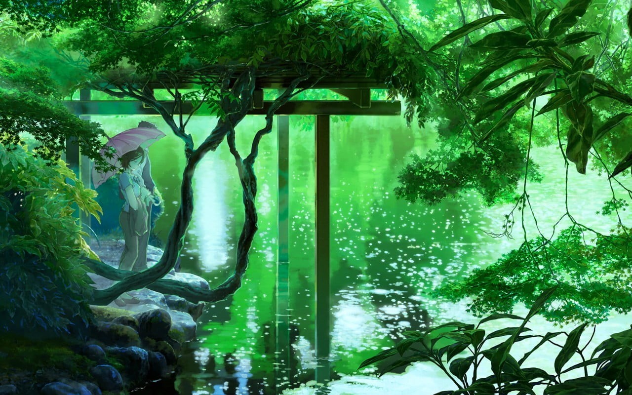 leaf, anime, plant part, nature, park, lake, trees, beauty in nature, umbrella, outdoors, 720P, day, reflection, green, man, plant, green color, HD Wallpaper