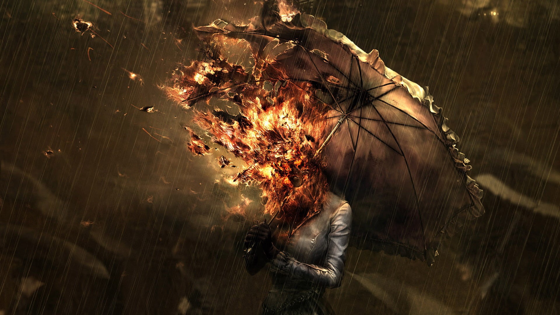 one person, event, fantasy art, high angle view, day, real people, heat - temperature, rain, fire, 1080P, water, lifestyles, nature, digital art, burning, HD Wallpaper