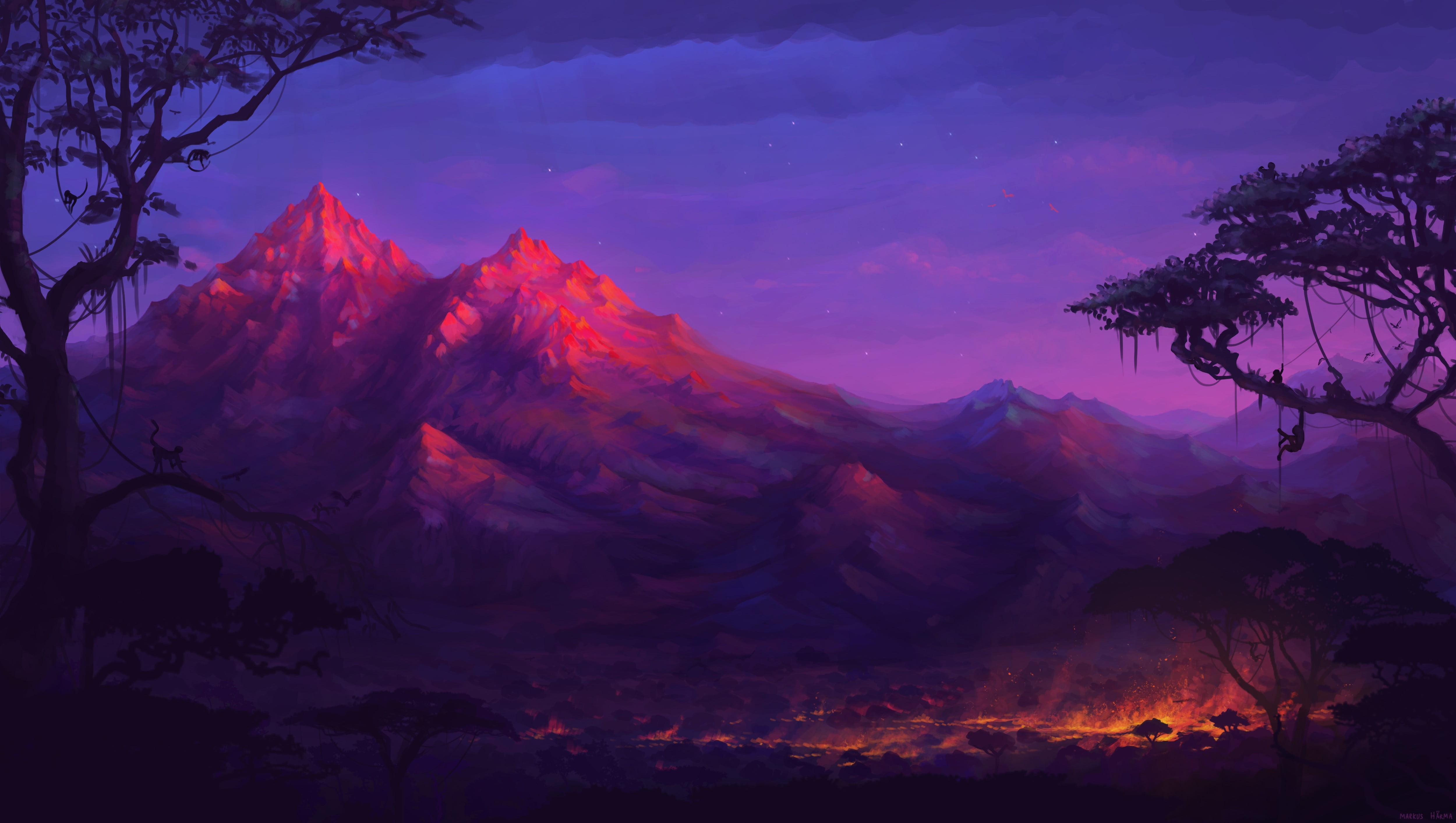 illustration, landscape, light - Natural Phenomenon, cloud - Sky, travel destinations, multi Colored, forest, asia, beauty In Nature, scenics, dusk, no people, HD Wallpaper