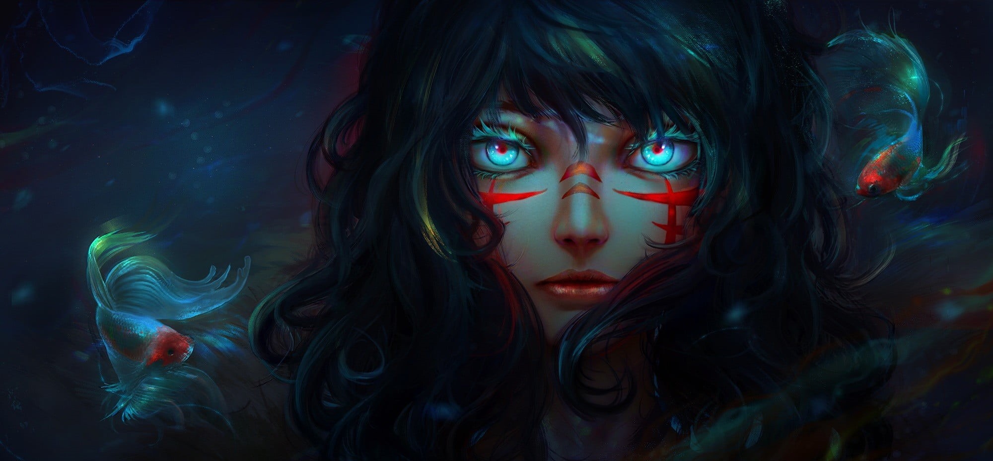 anime girls, hair, front view, original characters, headshot, blue eyes, dark, young adult, fish, portrait, digital art, digital composite, looking at camera, HD Wallpaper