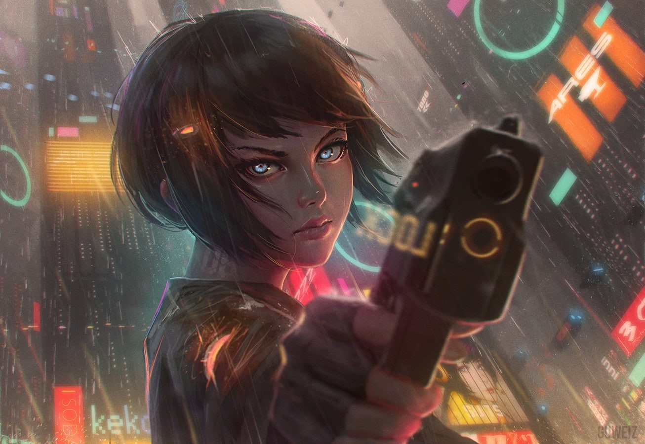 short hair, 720P, science fiction, artwork, anime, water, girls with guns, GUWEIZ, weapon, cyberpunk, gun, anime girls, rain, HD Wallpaper