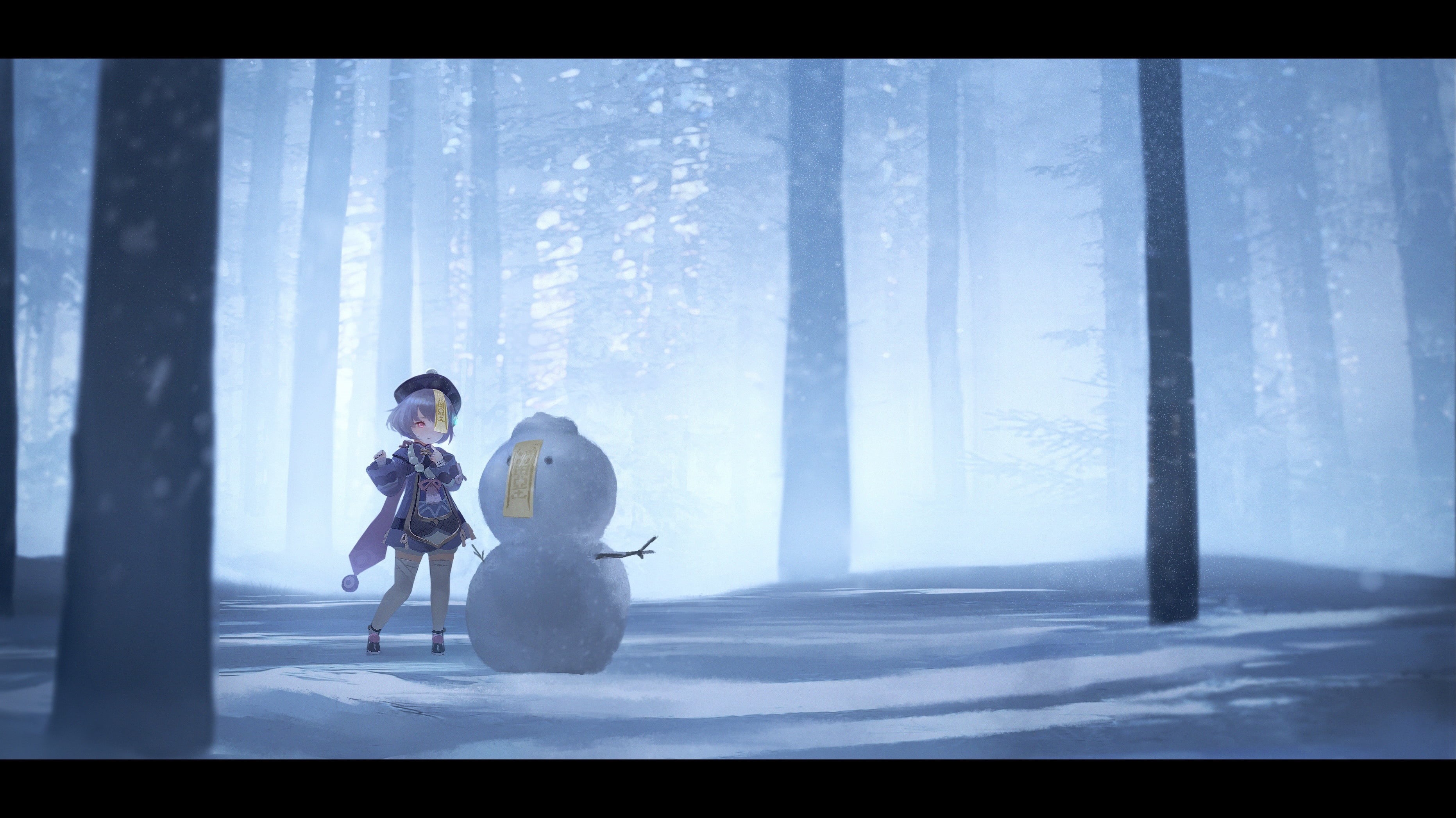 snow, anime girls, digital, loli, forest, artwork, game characters, Qiqi (Genshin Impact), 2K, fictional characters, snowman, Genshin Impact, HD Wallpaper