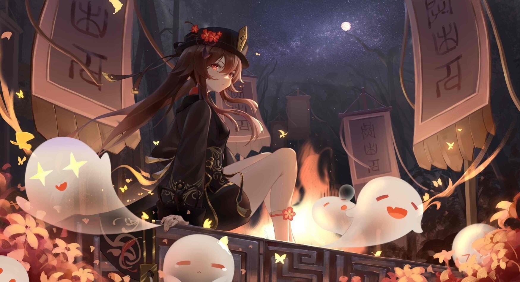 720P, Genshin Impact, Hutao(Genshin Impact), anime girls, ghost, HD Wallpaper