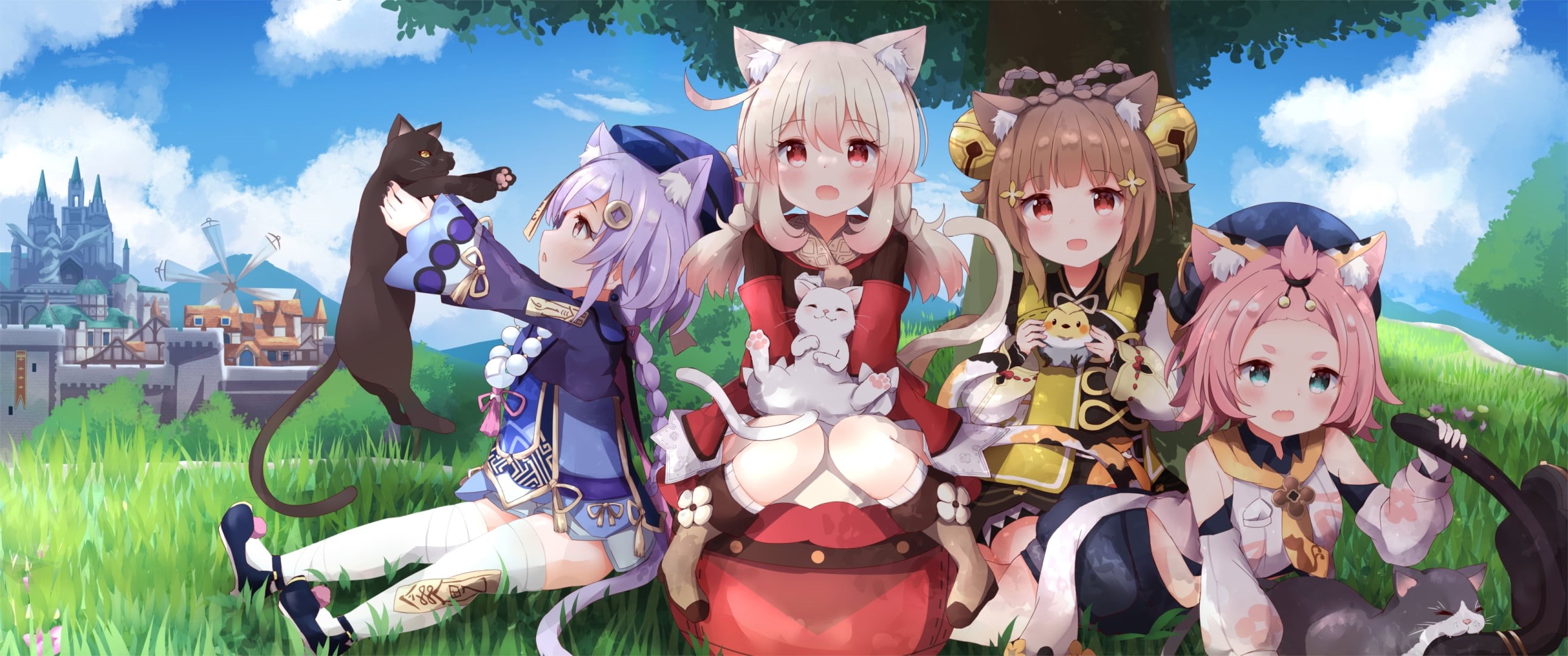 Genshin Impact, anime girls, Diona (Genshin Impact), Klee (Genshin Impact), 2K, Qiqi (Genshin Impact), HD Wallpaper