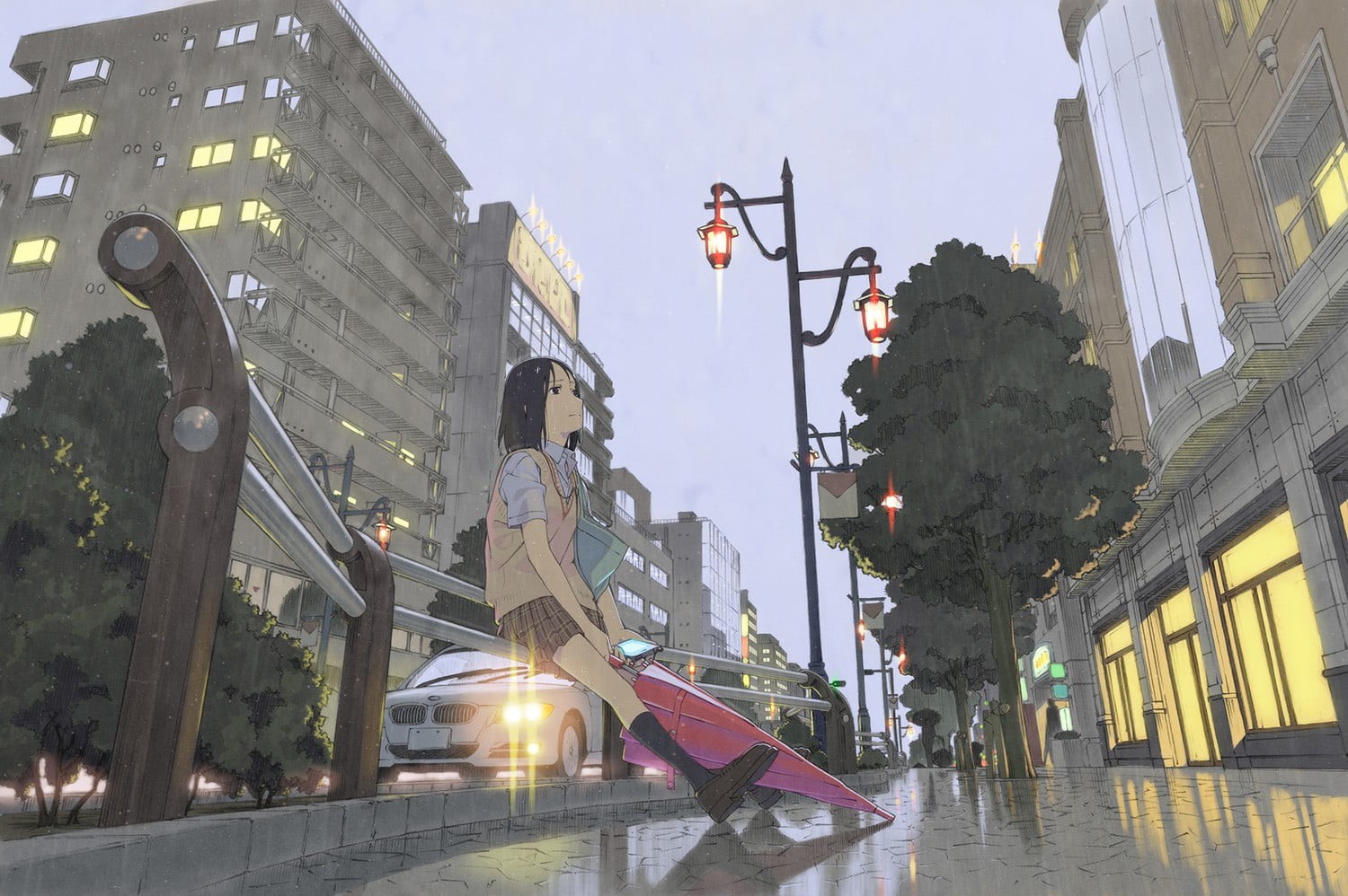 schoolgirl, building, sky, sign, animated, anime girls, real people, lighting equipment, residential district, rain, office building exterior, anime, day, HD Wallpaper