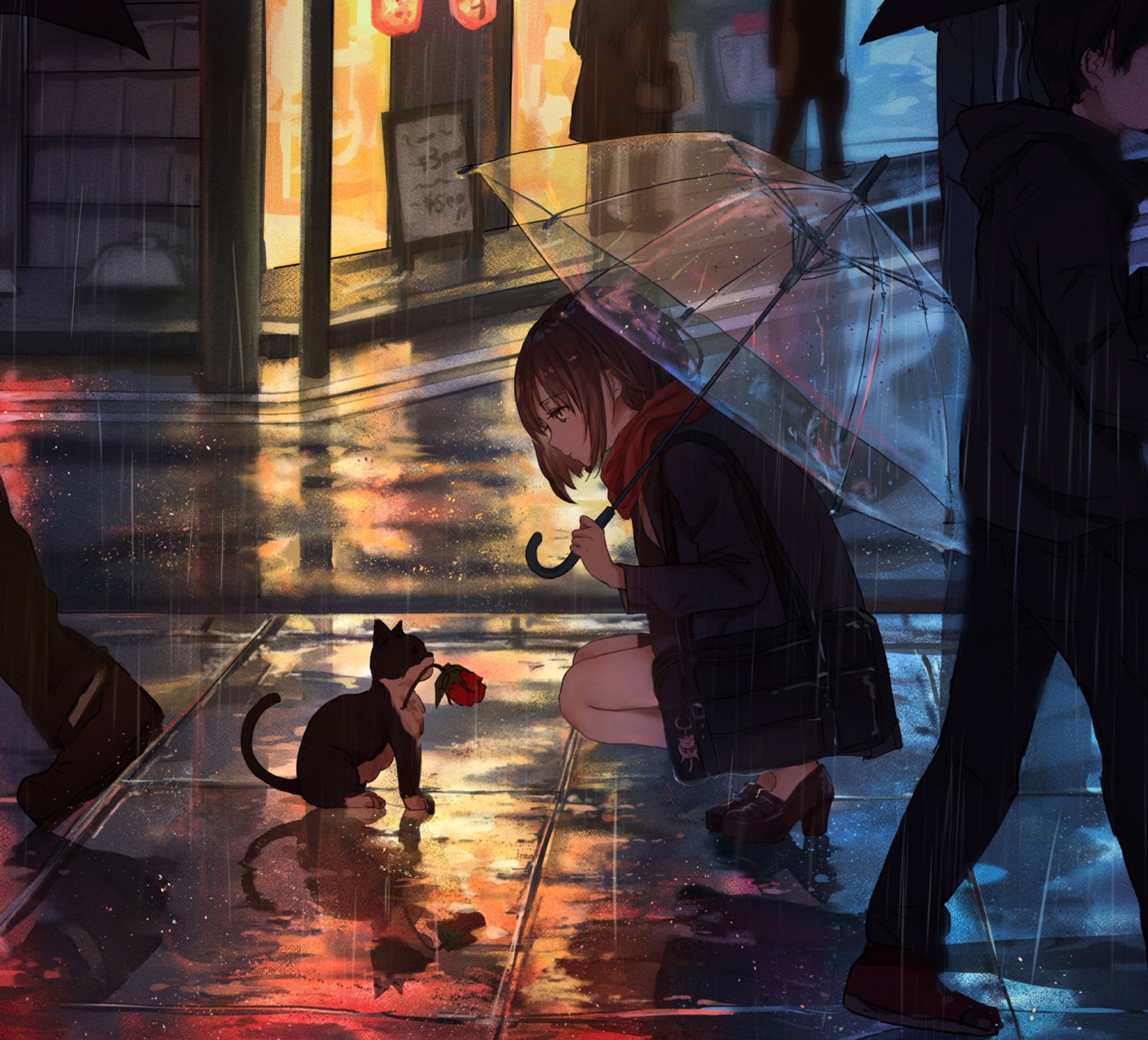 Anime, Girl, Cat, Umbrella, Rain, 2K, Flower, Original, Kitten, HD Wallpaper