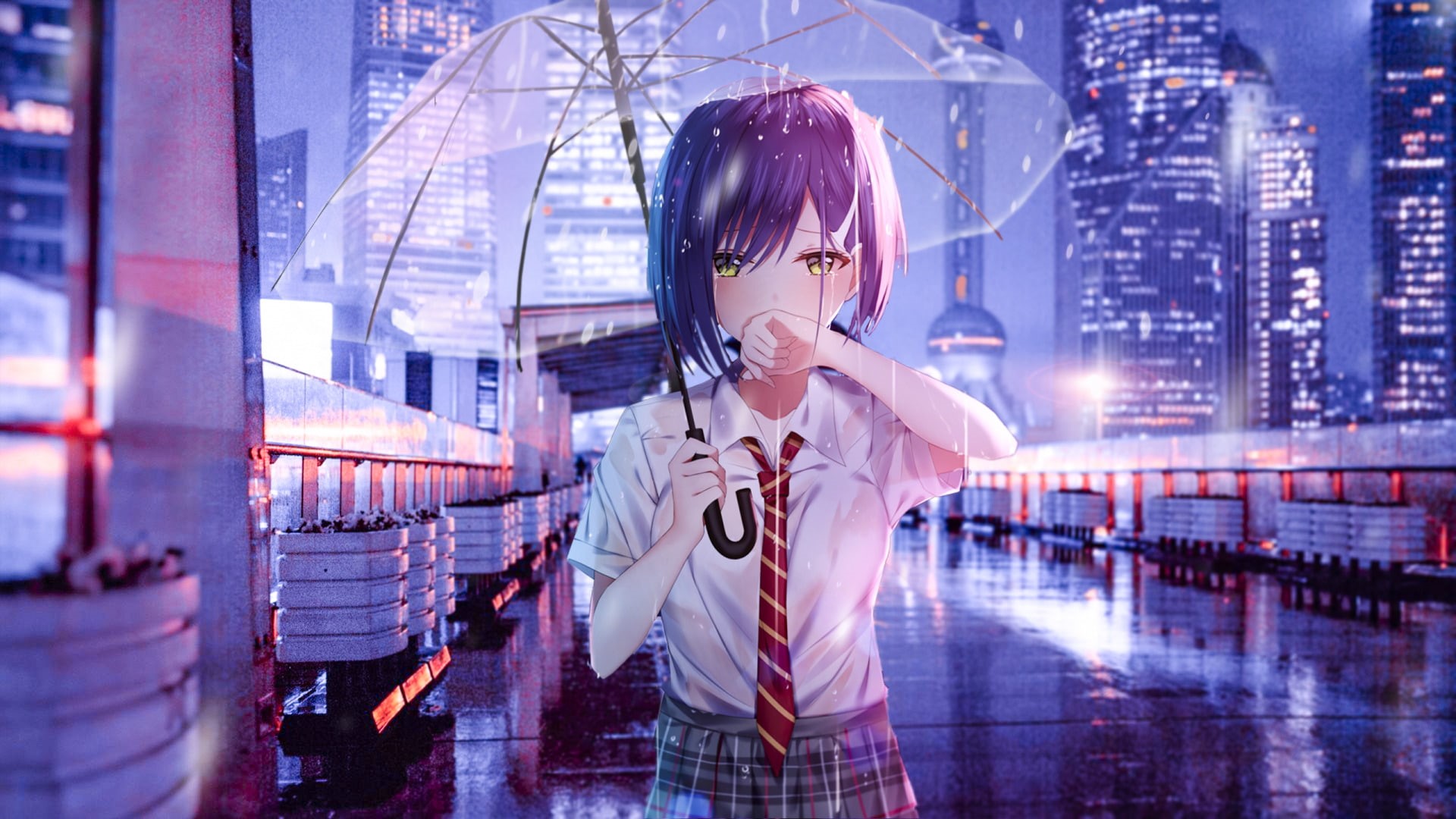 Anime, Darling in the FranXX, 1080P, Girl, character, Rain, Umbrella, female, Ichigo (Darling in the FranXX), digital, HD Wallpaper