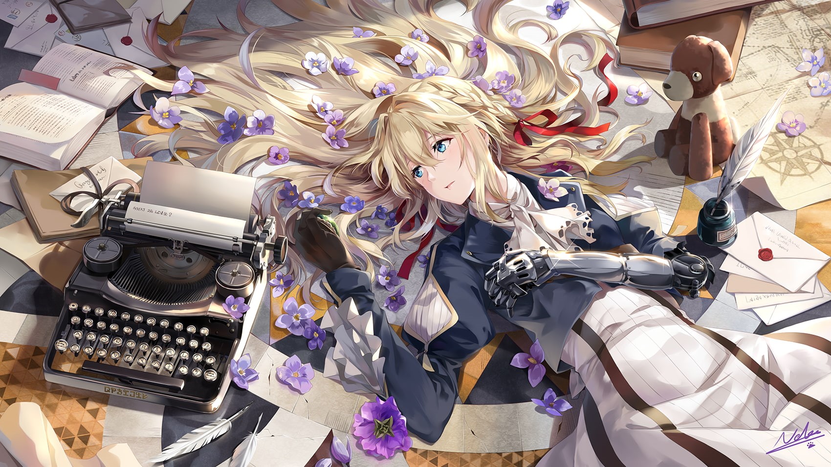 typewriters, anime, anime girls, Violet Evergarden, blonde, 720P, long hair, HD Wallpaper