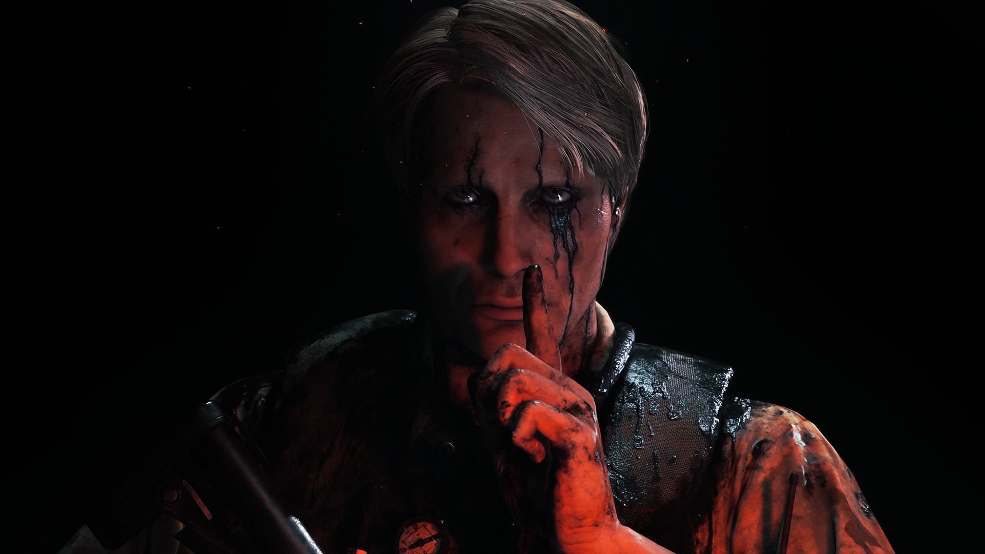 indoors, fear, aggression, looking at camera, dark, black, Death Stranding, headshot, Mads Mikkelsen, one person, close-up, body part, adult, black background, HD Wallpaper
