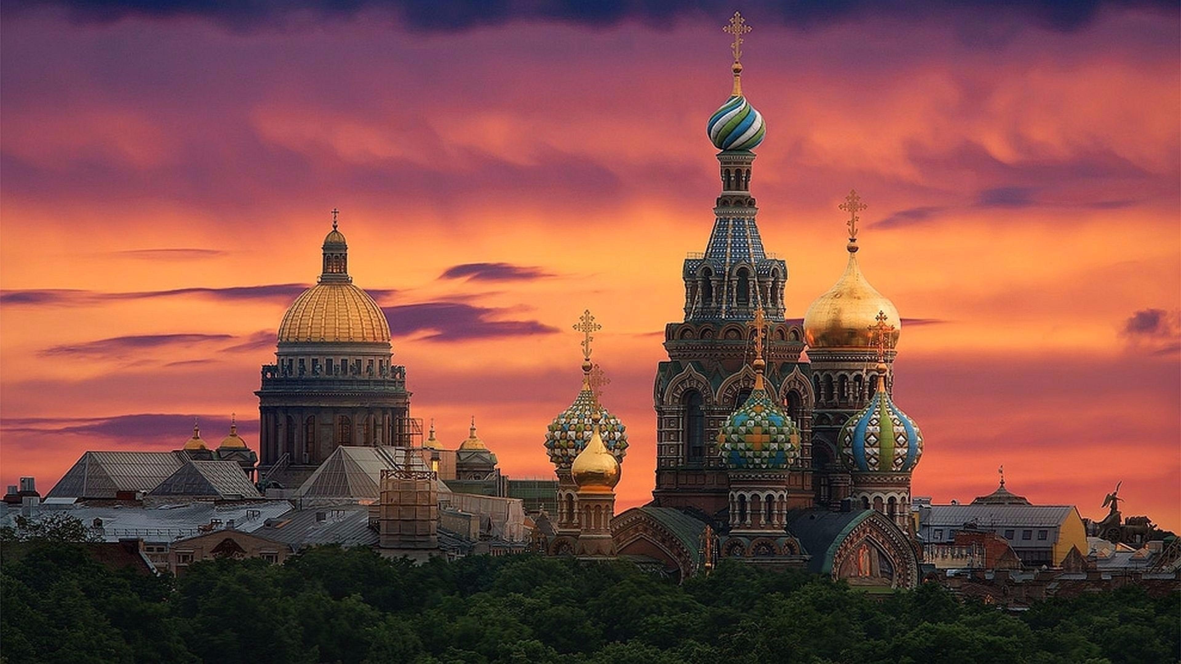 urban area, church, 4K, evening, cathedral, orthodox, sky, tower, spire, cityscape, city, st petersburg, orange sky, landmark, dusk, tourist attraction, HD Wallpaper