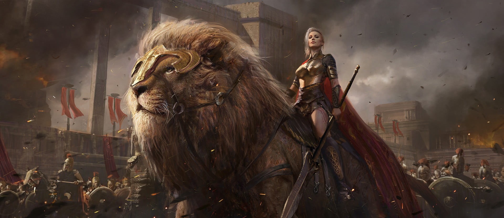 women, one person, pets, fantasy art, lion, standing, domestic animals, livestock, warrior, portrait, young women, beautiful woman, untitled, young adult, HD Wallpaper