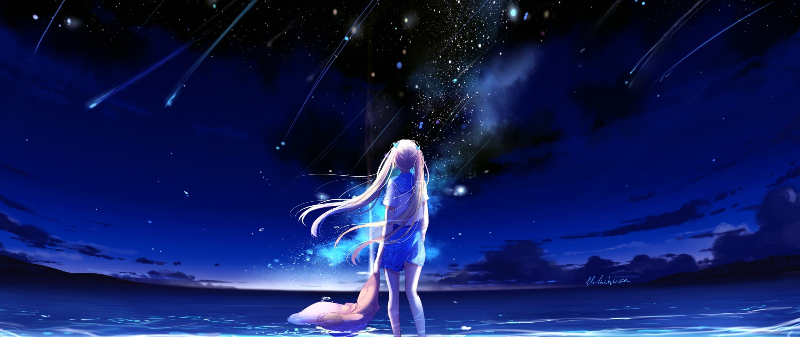 anime girls, 2K, water, stars, sky, blonde, night, hair ornament, anime, ultra-wide, long hair, HD Wallpaper