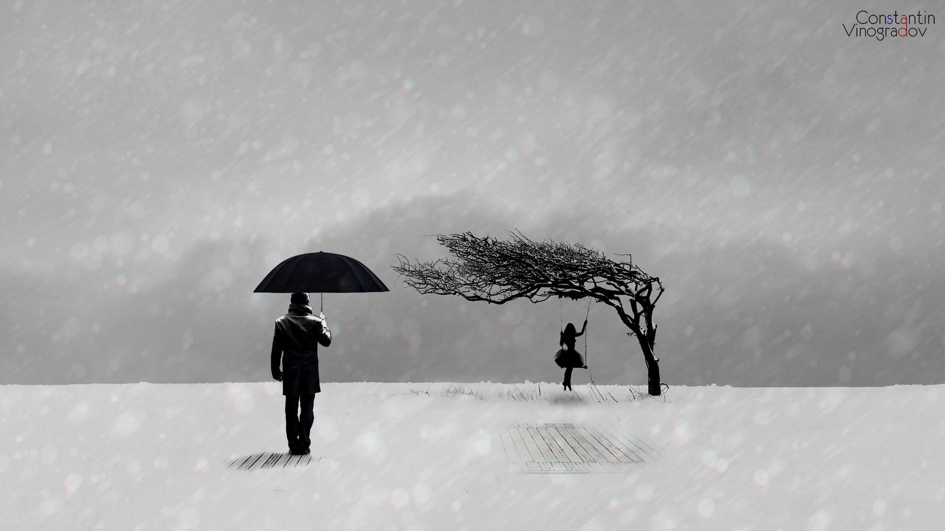 woman, tree, girl, mood, black, boy, holding, white, illustration, umbrella, man, winter, swing, 1080P, black and white, sitting, sadness, minimalism, HD Wallpaper