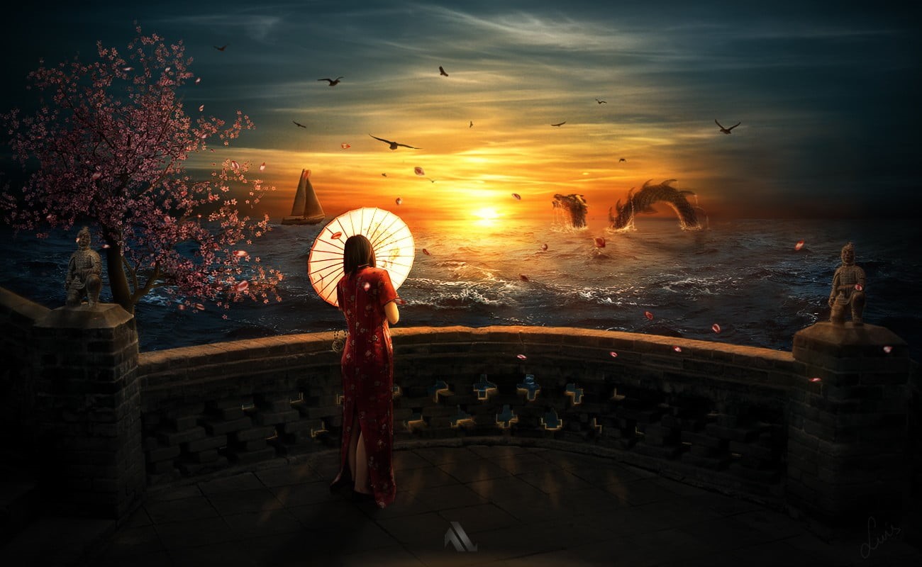 outdoors, anime girls, built structure, women, sea, beauty in nature, fantasy art, Cheongsam, umbrella, anime, 720P, one person, dress, orange color, HD Wallpaper