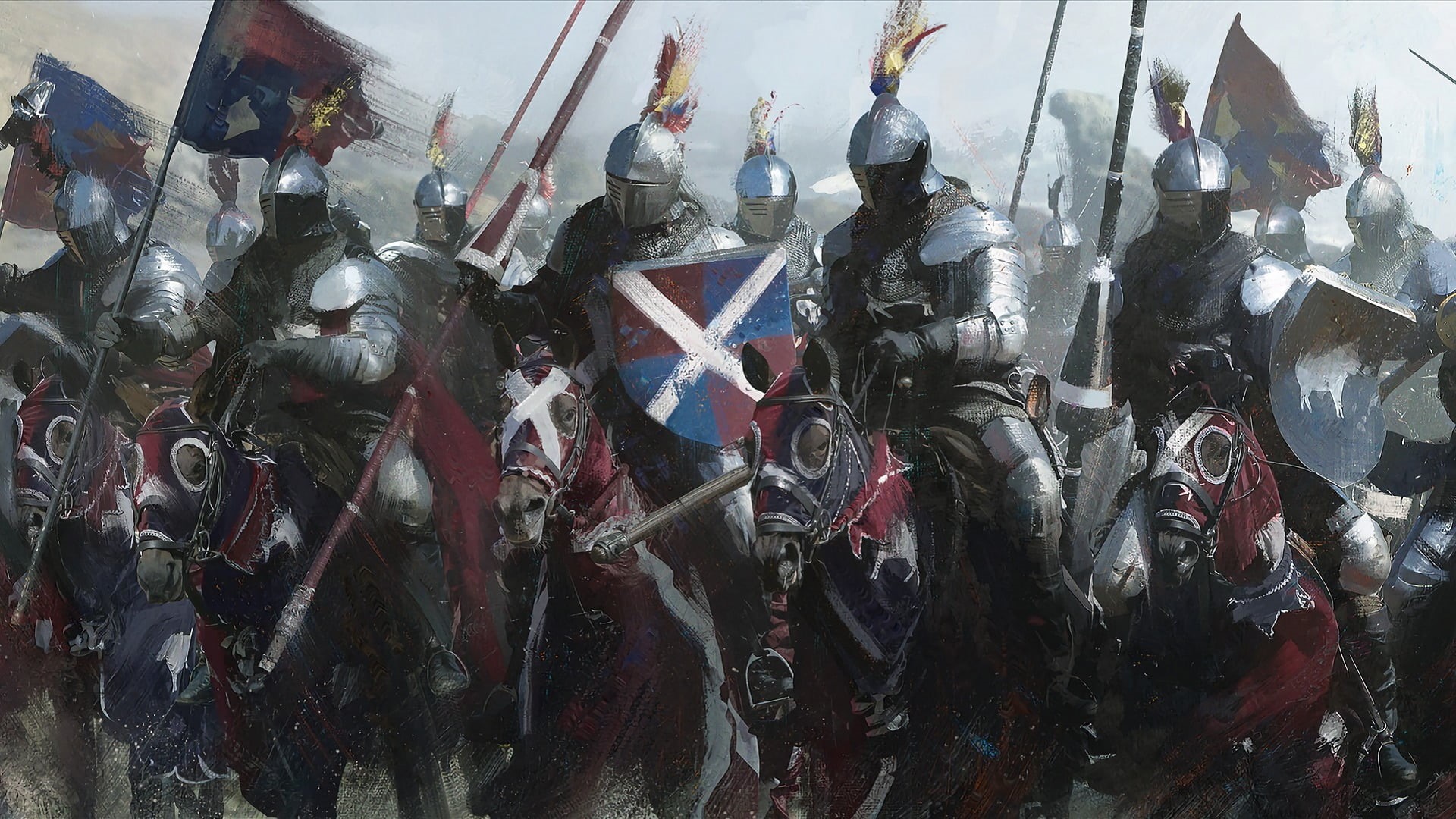 crowd, horses, group of people, army, outdoors, weapon, history, headwear, government, knight, security, shield, day, banner, painting, real people, lance, HD Wallpaper