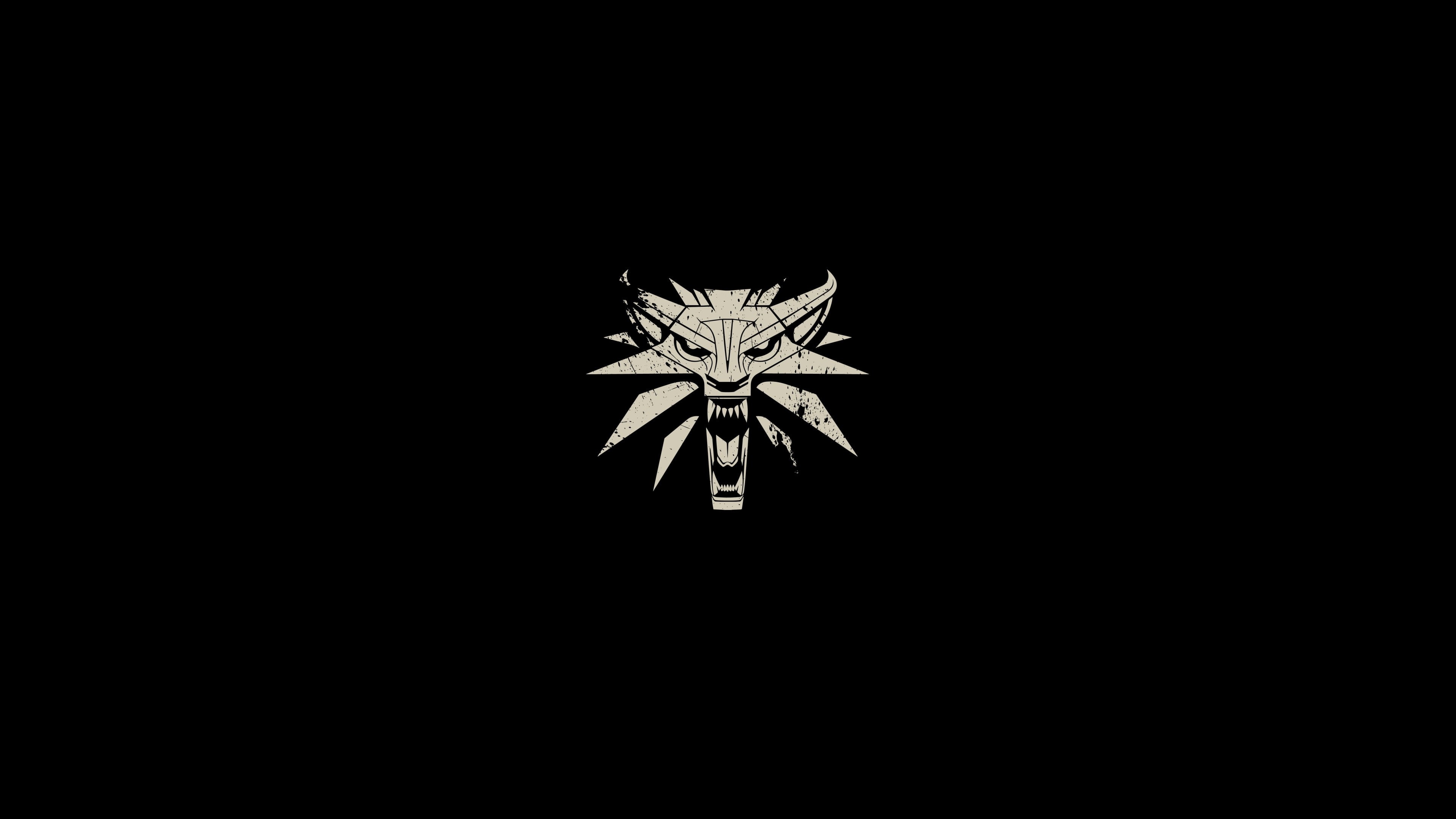 minimalism, paint splatter, logo, The Witcher, video games, simple background, black background, 4K, blood spatter, wolf, HD Wallpaper