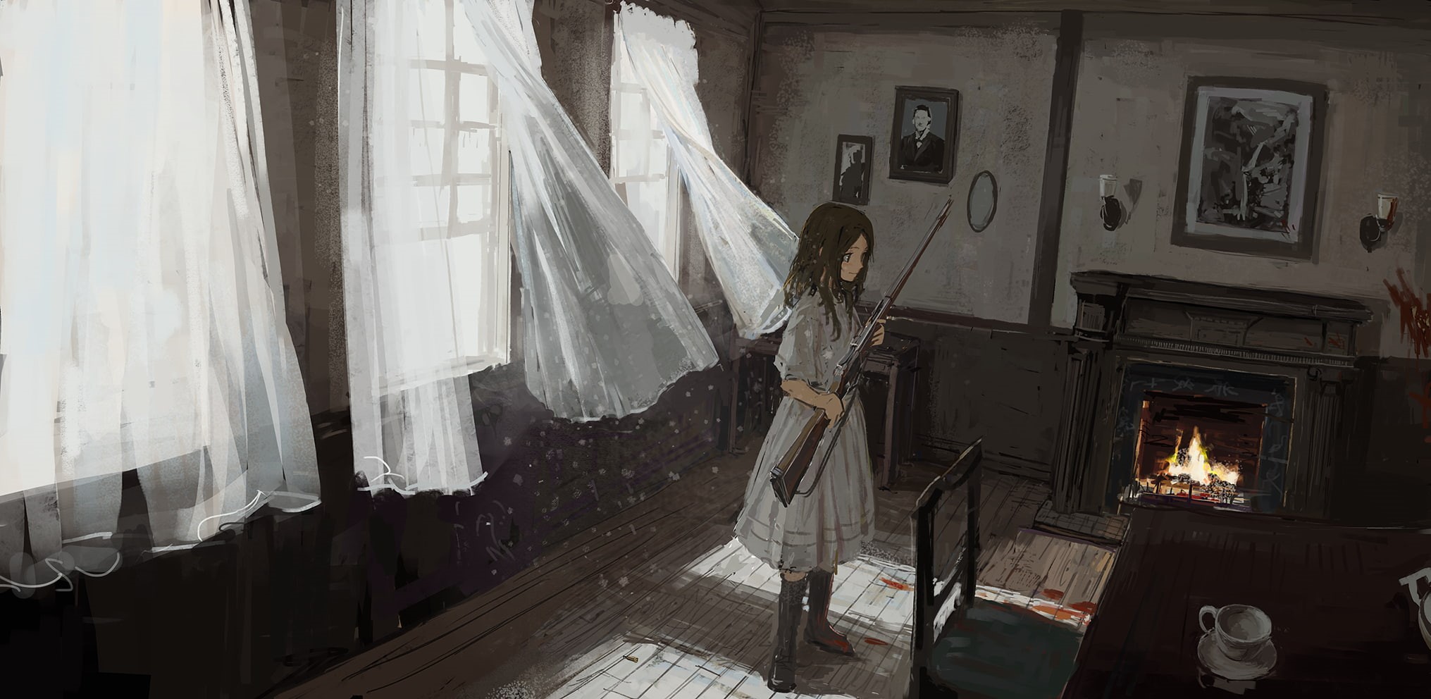 1080P, white dress, blood spatter, anime, rifles, anime girls, window, HD Wallpaper