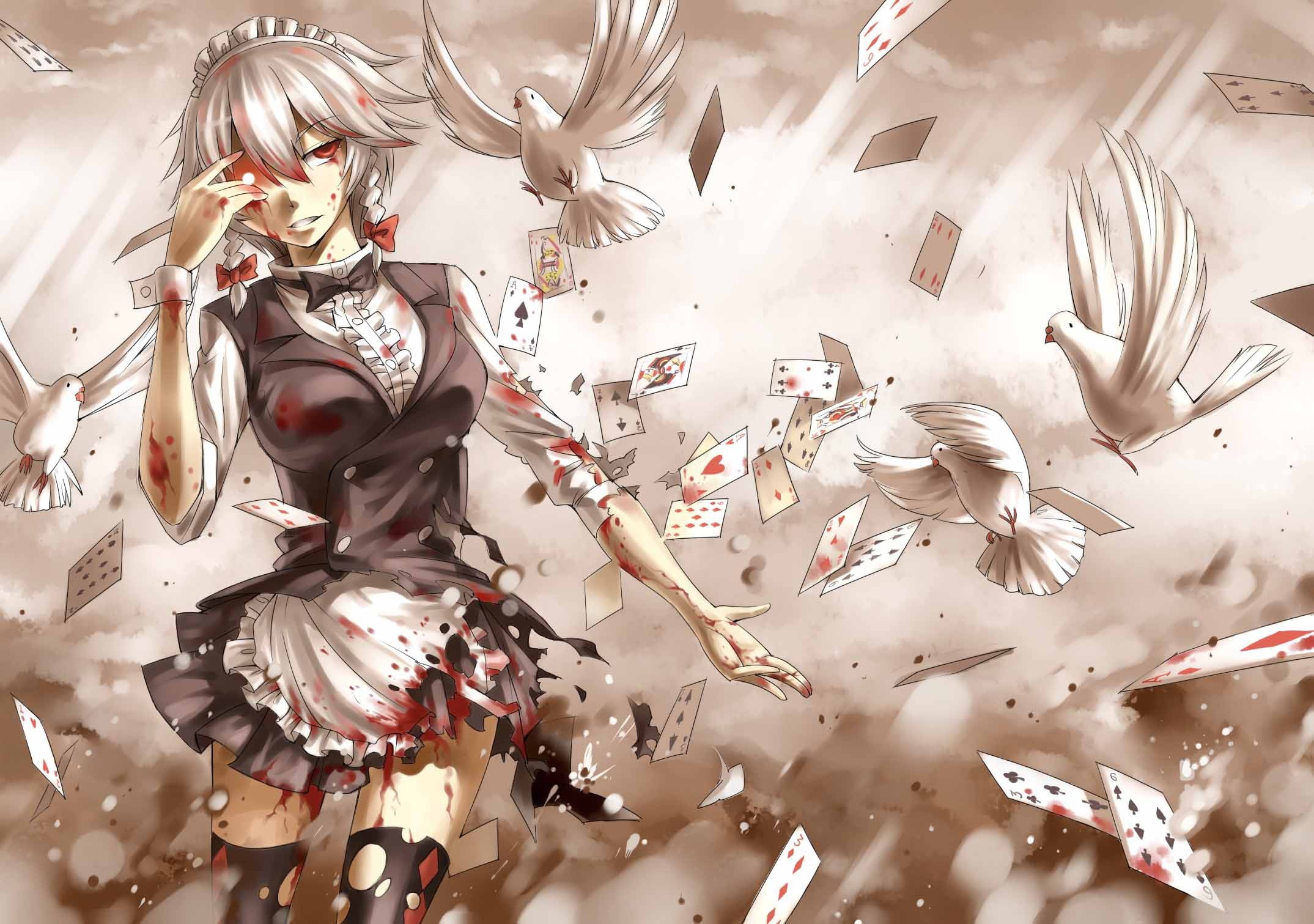 1080P, blood spatter, black magic, Touhou Project, playing cards, torn clothes, burning eyes, obsessed, the maid, Izayoi Sakuya, Project East, pigeons, HD Wallpaper