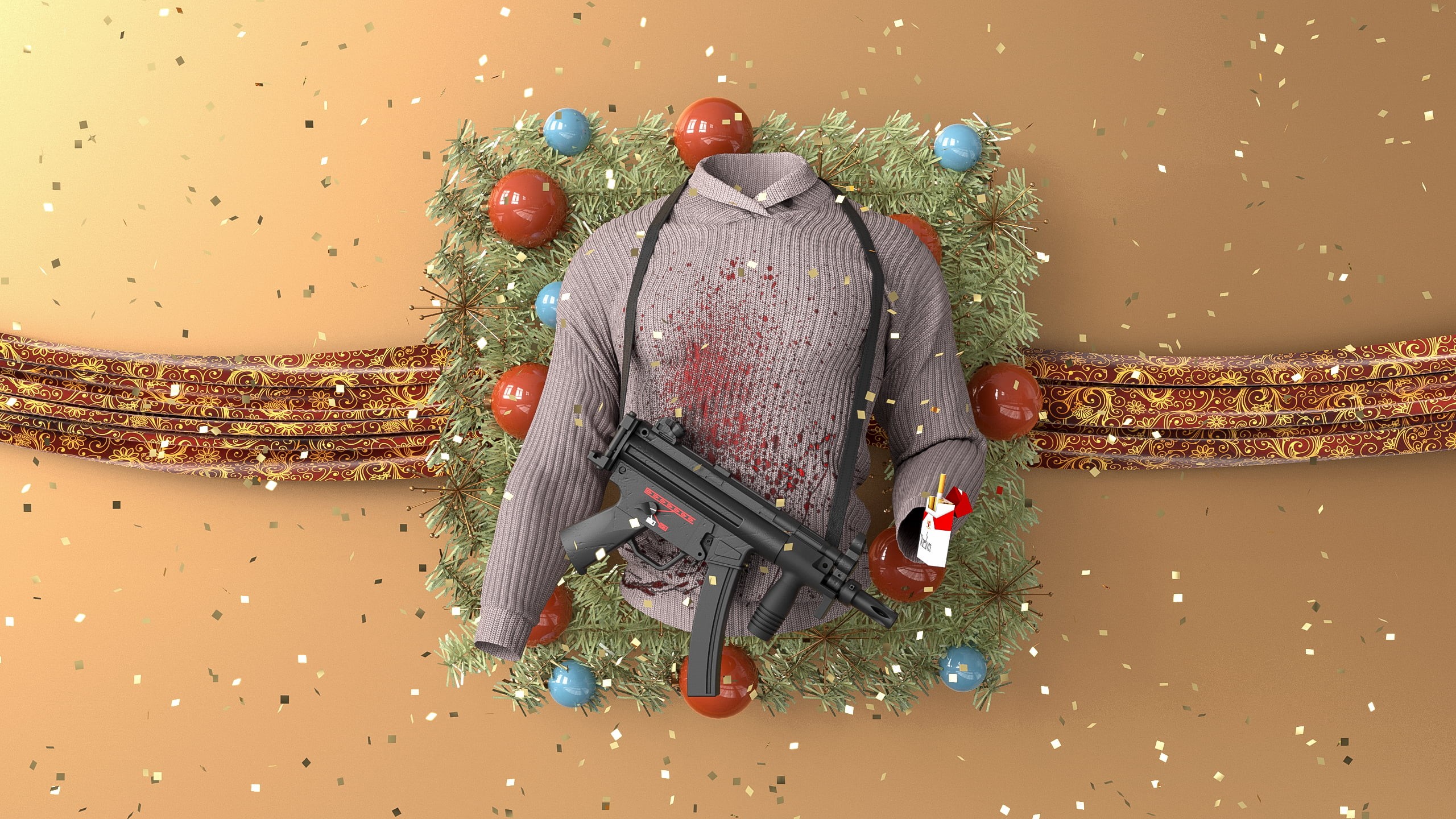 balls, CGI, blood stains, gun, digital art, confetti, plants, Marlboro, sweater, 3D, Heckler and Koch, 2K, movies, concept art, Christmas, blood spatter, HD Wallpaper