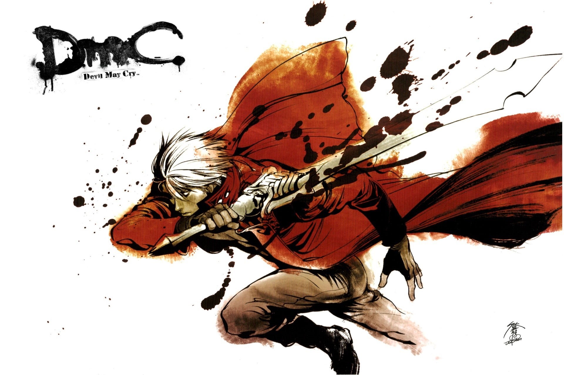 Devil May Cry, guy, 1080P, sword, Dante, red coat, jerk, attack, blood spatter, HD Wallpaper