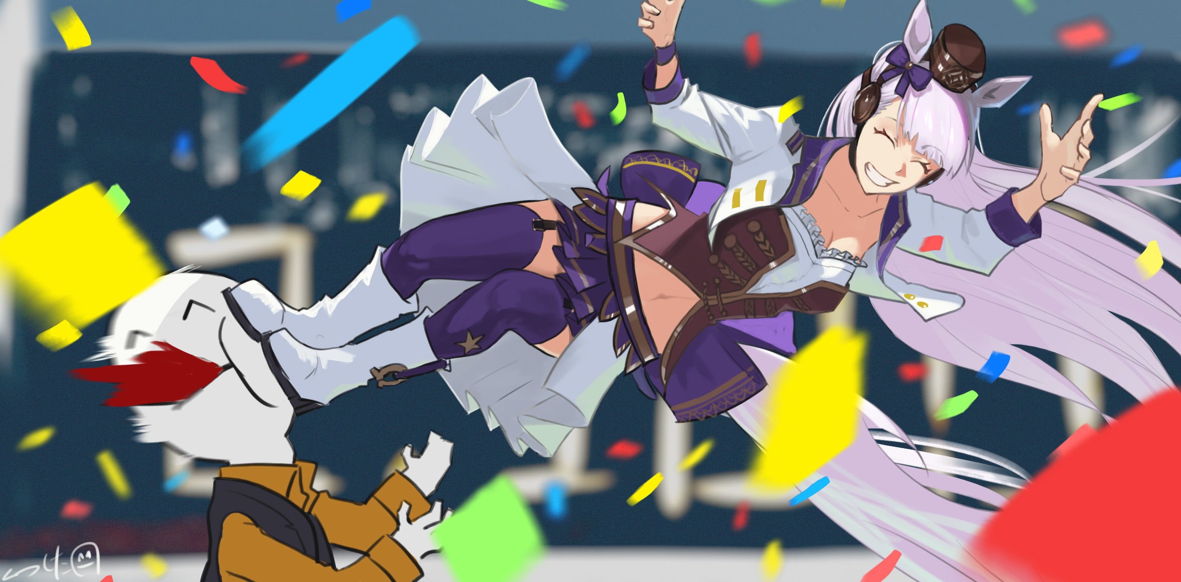 kick, animal ears, Gold Ship (Uma Musume), white jacket, tail, women outdoors, blood spatter, purple stockings, white boots, confetti, cleavage, jumping, HD Wallpaper