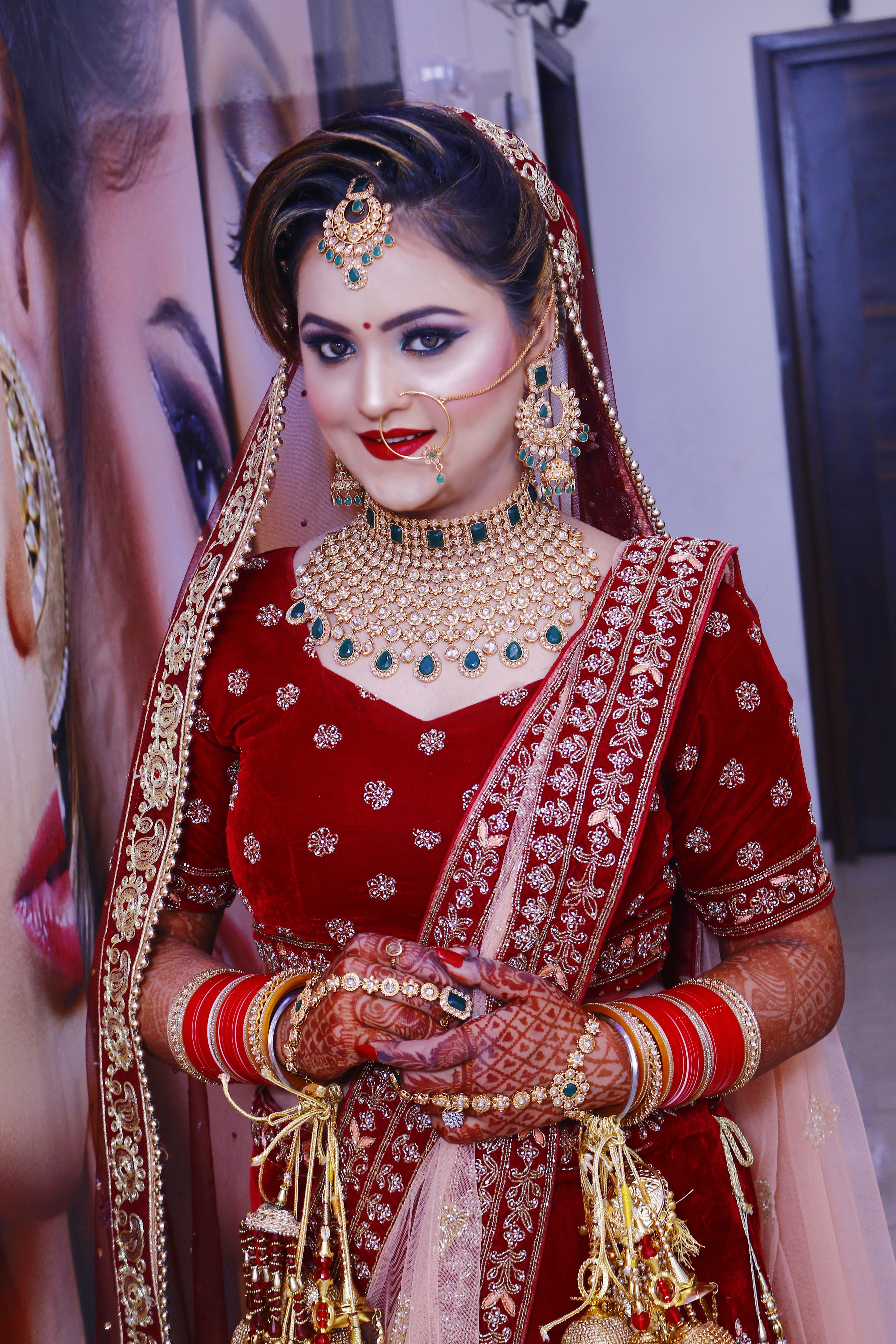 life events, wearing, red, bride, wedding, newlywed, 5K, veil, gold, person, front view, beautiful, saree, costume, young adult, clothing, pretty, style, Phone HD Wallpaper
