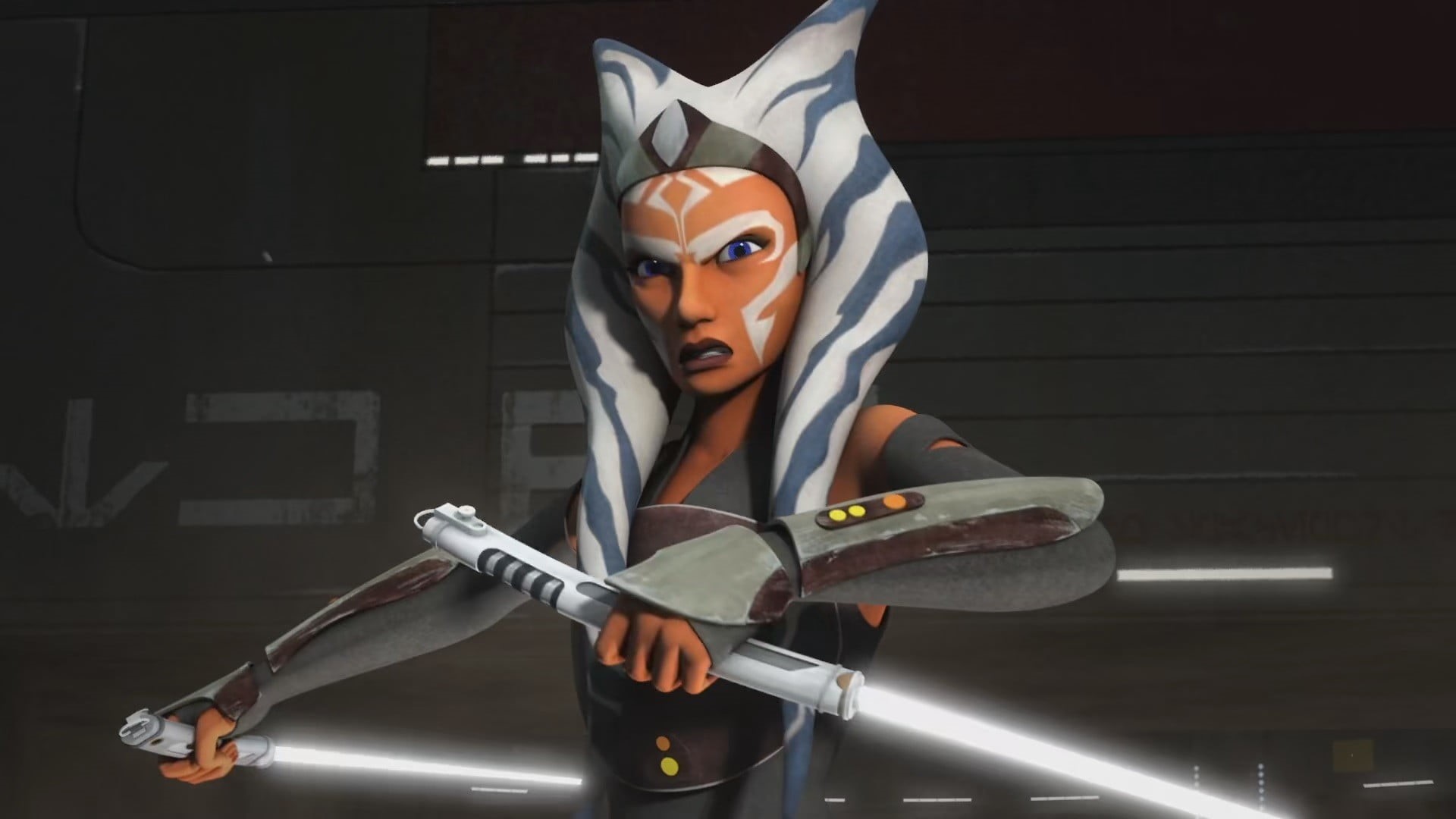 clothing, looking at camera, standing, one person, holding, indoors, black, illuminated, lifestyles, Star Wars: Rebels, sword, waist up, young adult, young women, HD Wallpaper