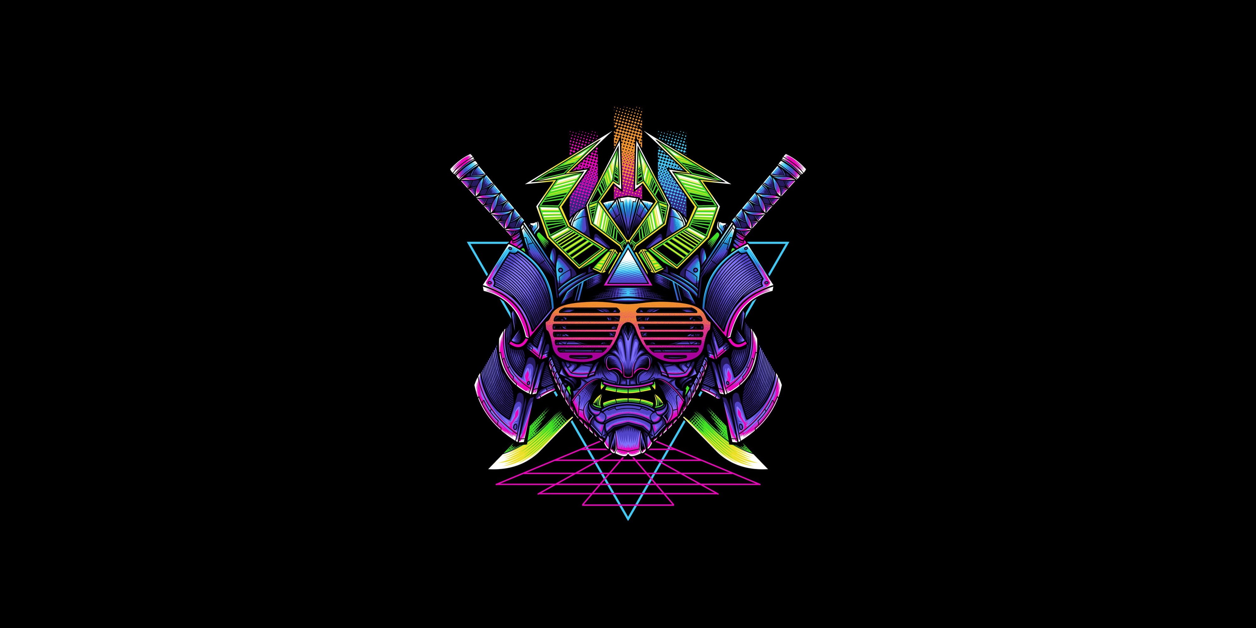 artwork, neon, simple background, samurai, 4K, minimalism, HD Wallpaper