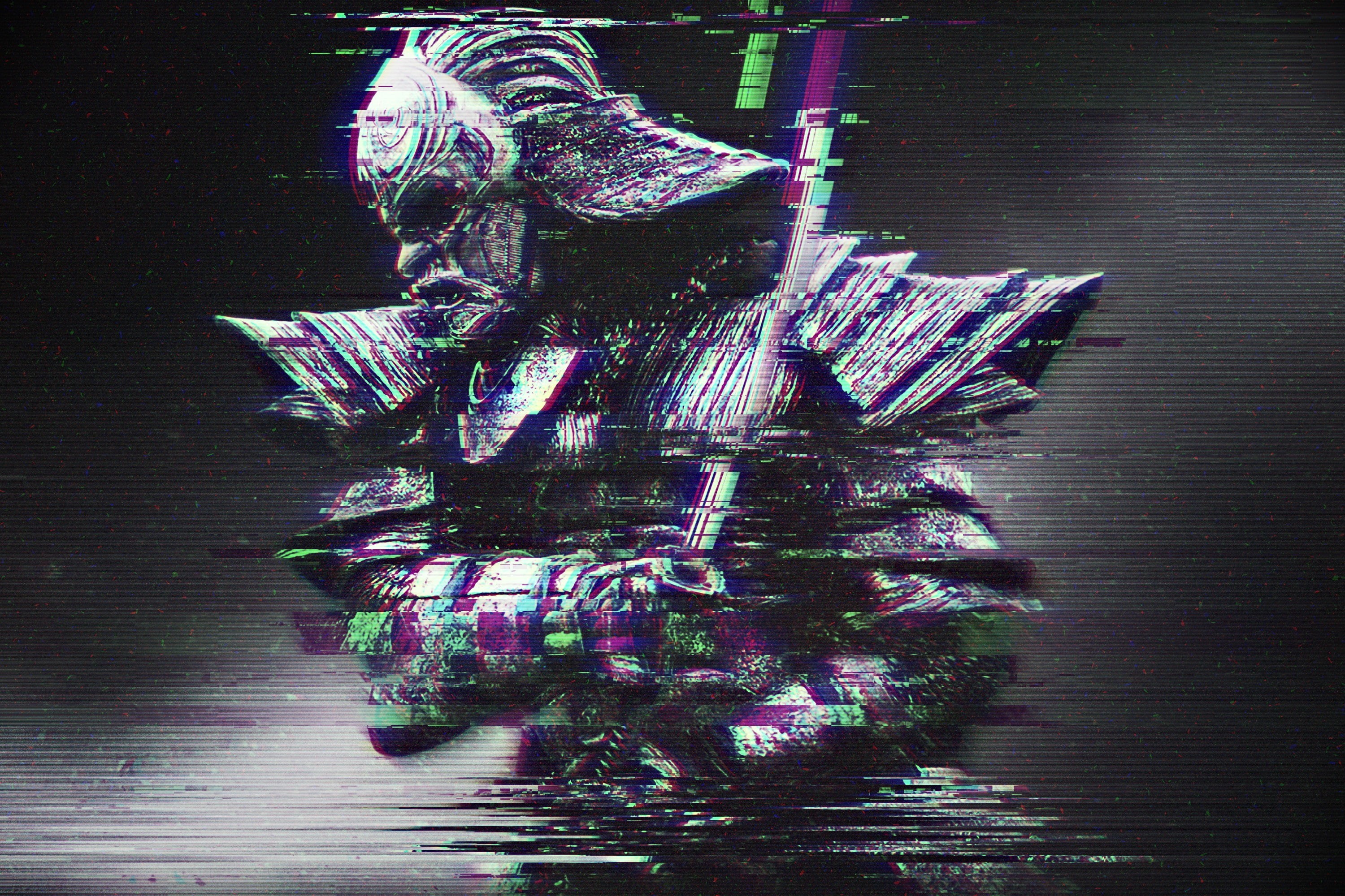 samurai, abstract, 2K, Distortion, Katana, RGB, glitch Art, HD Wallpaper