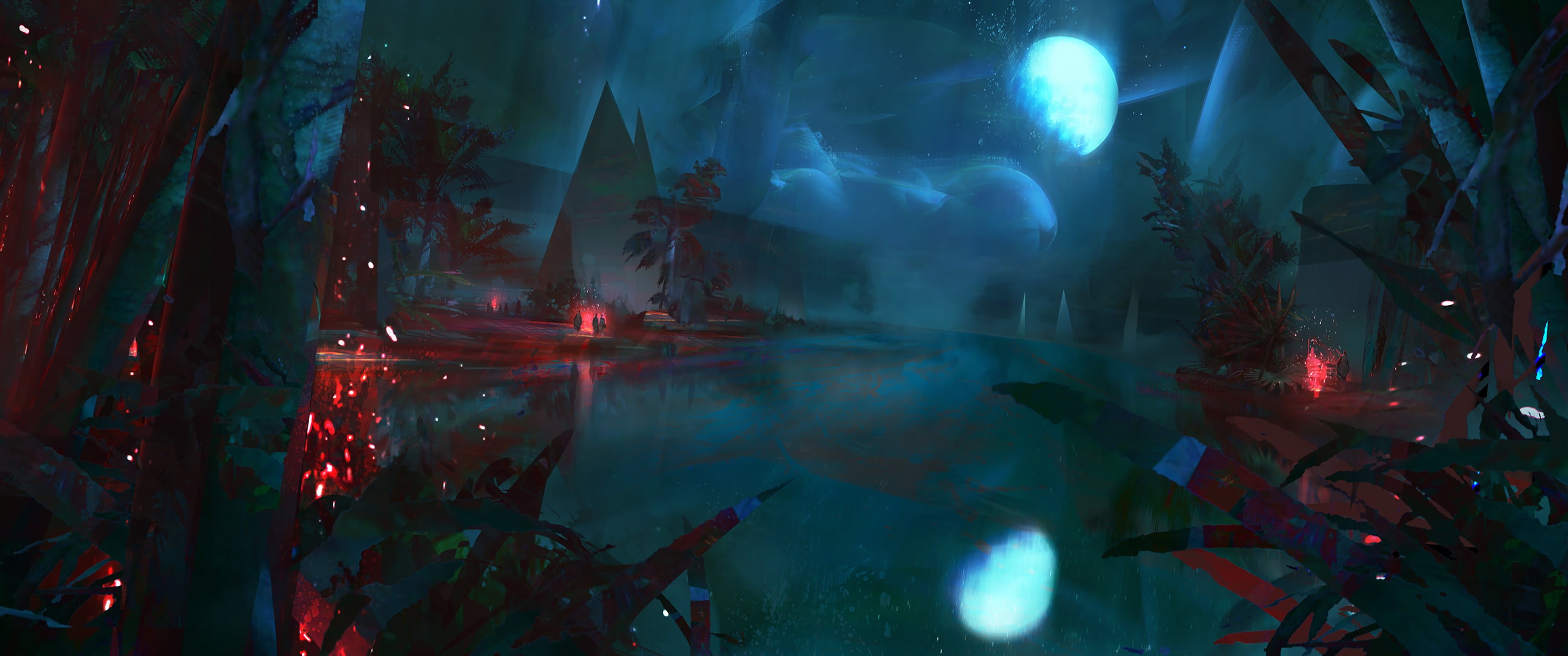  ultrawide, light - natural phenomenon, mountain, indoors, Video Game Art, fish, digital, multi colored, water, lake, motion, gray, transparent, HD Wallpaper