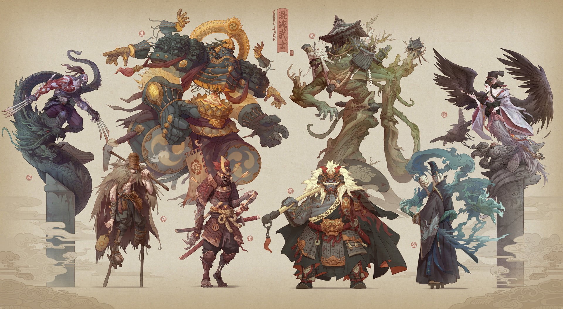 digital art, men, tie, samurai, 1080P, drawing, creature, women, armor, Hua Lu, fantasy art, HD Wallpaper