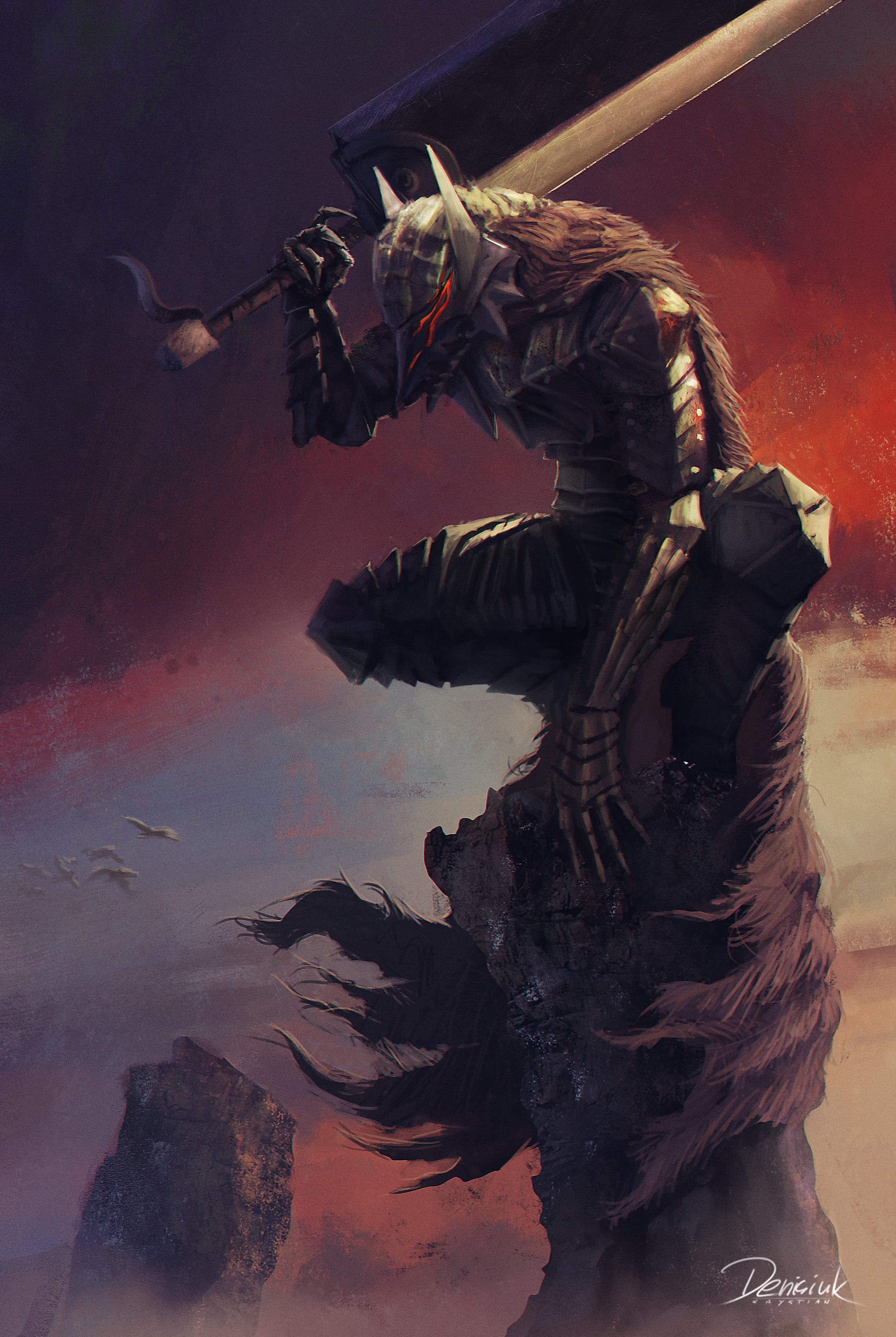 fantasy armor, 2K, red eyes, Guts, fan art, vertical, anime boys, Berserk, 2D, Black Swordsman, sword, Phone HD Wallpaper