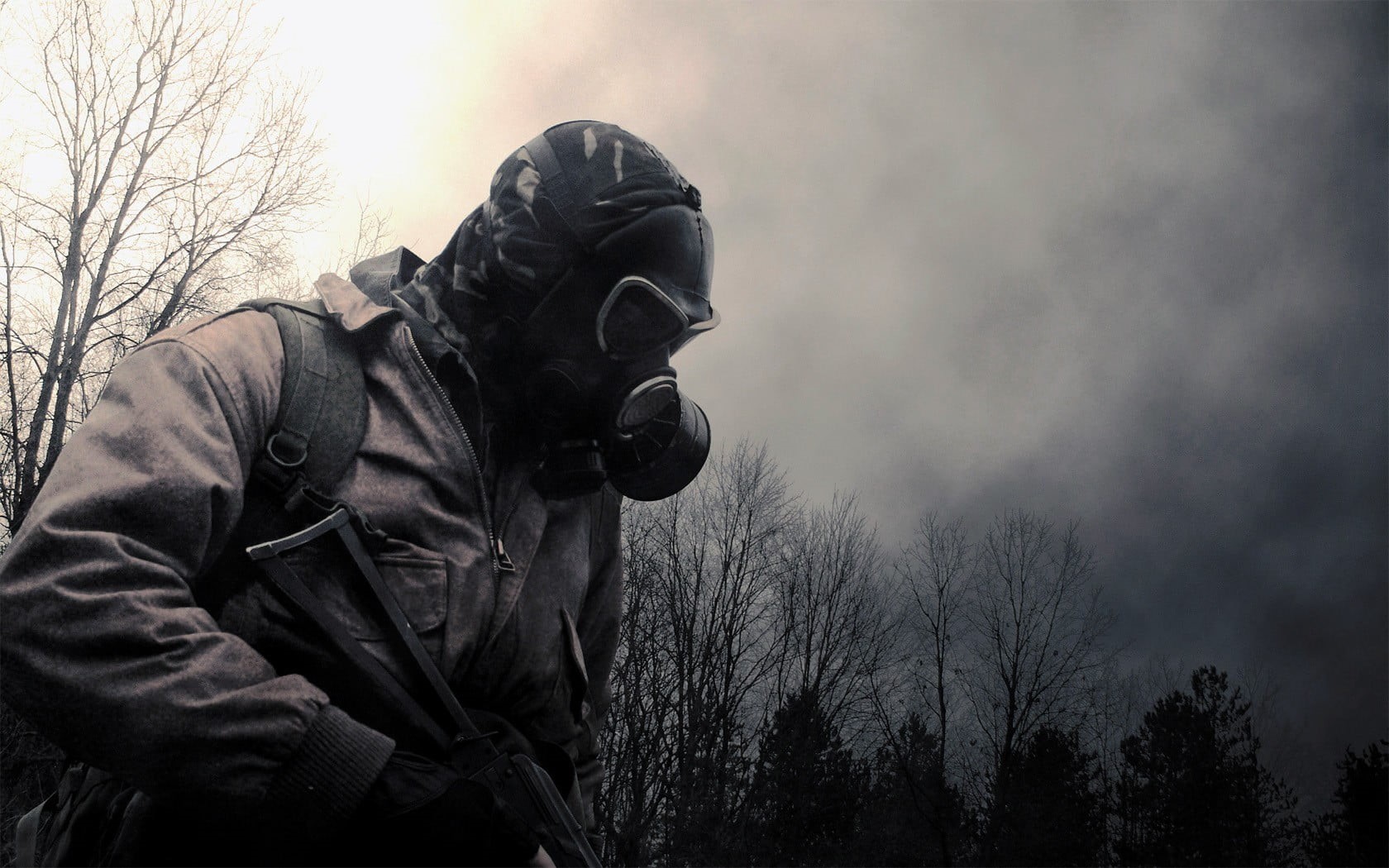 men, uniform, tree, sky, protection, one person, 720P, venetian masks, bare tree, nature, protective workwear, brown, gas masks, plant, man, wearing, outdoors, HD Wallpaper