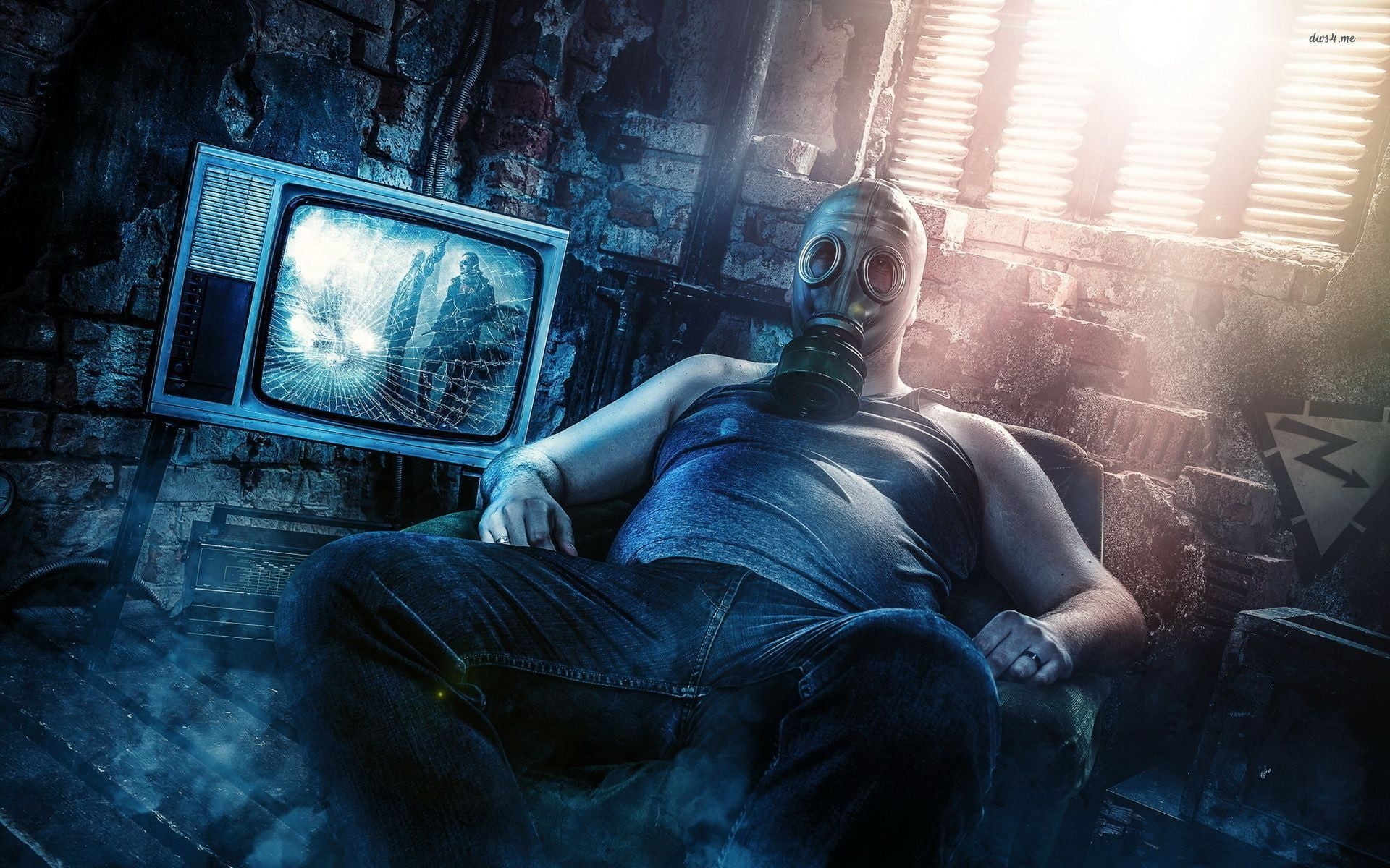technology, metal, mask, gas, people, tank, males, men, arts culture and entertainment, apocalyptic, TV, indoors, communication, gas masks, domestic room, HD Wallpaper