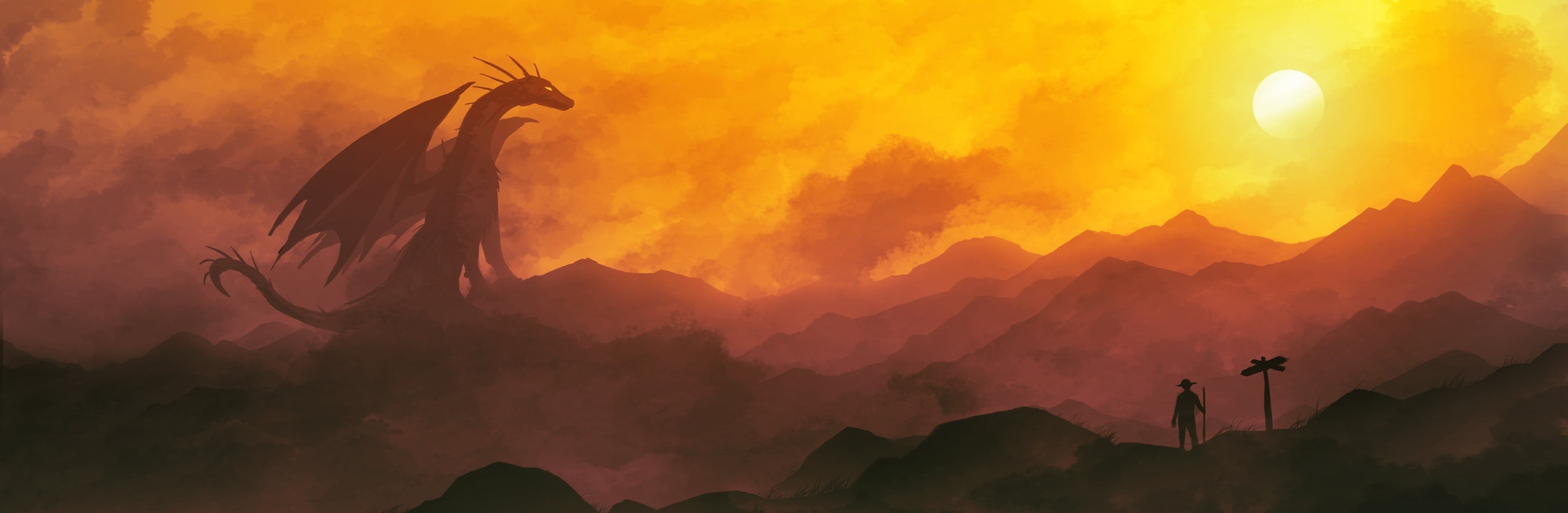 bird, painting, artwork, people, silhouette, travel, outdoors, environment, mountain peak, dragon, fantasy art, mountain range, mountain, scenics - nature, HD Wallpaper