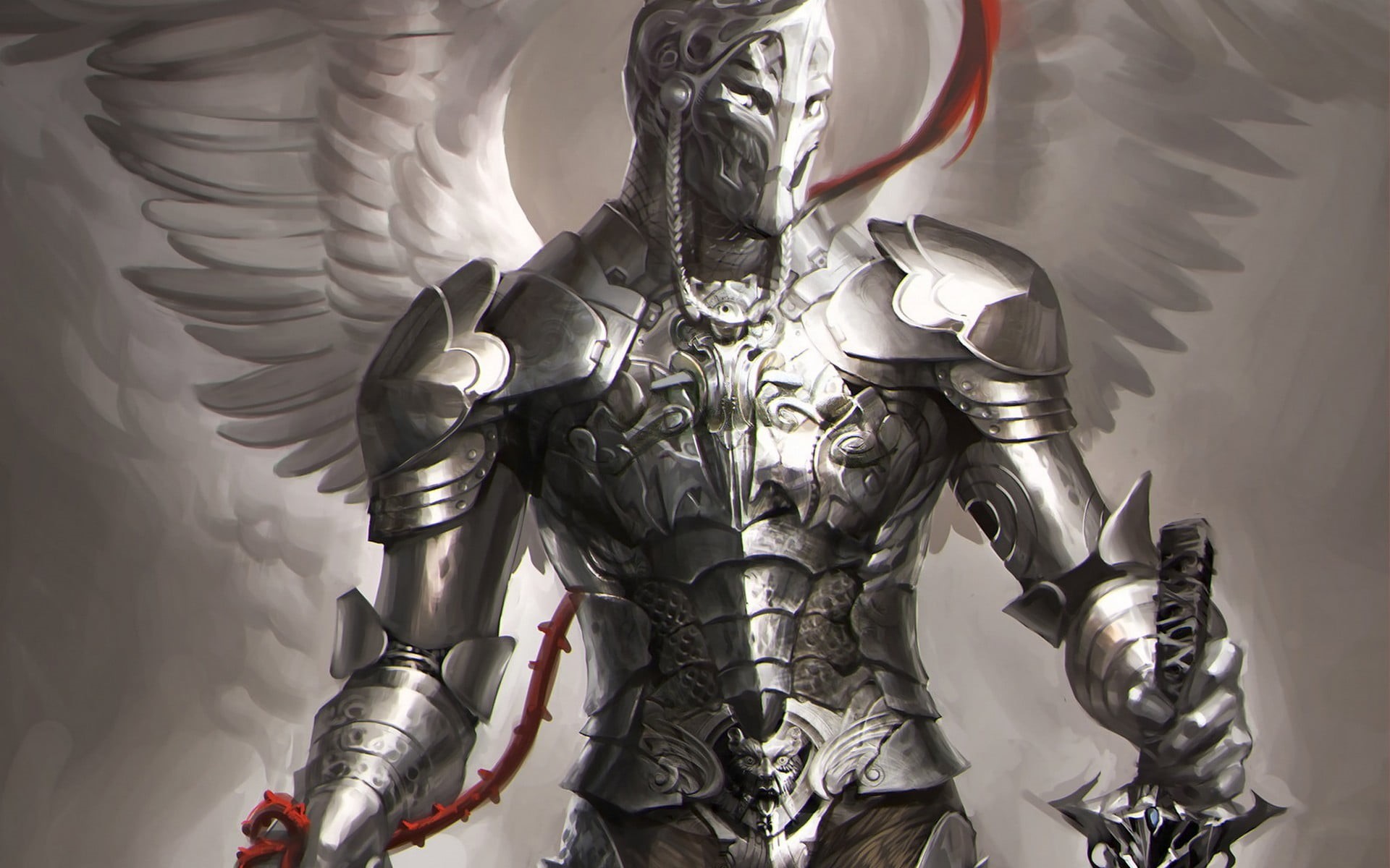 armor, no people, religion, statue, silver colored, silver, fantasy art, female likeness, artwork, male likeness, creativity, human representation, representation, HD Wallpaper