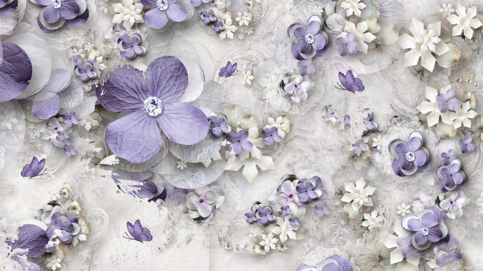 purple butterflies, abstract, diamonds, summer, 1080P, white, 3d and a, lavender, paper, sprinkle, purple, flowers, butterfly, HD Wallpaper