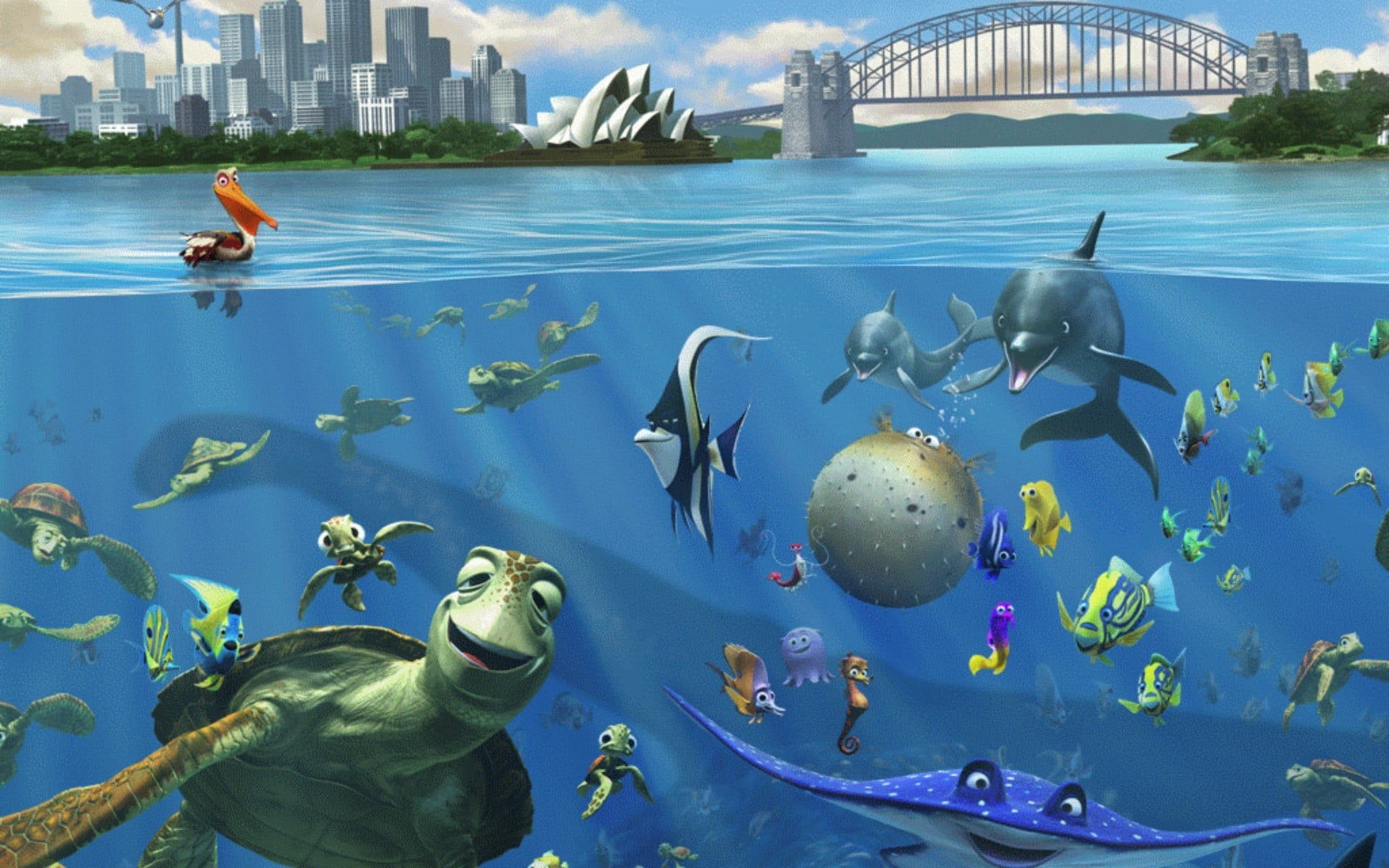 animal themes, split view, animal, outdoors, vertebrate, architecture, table, transportation, swimming, day, built structure, decor, nature, animated movies, HD Wallpaper