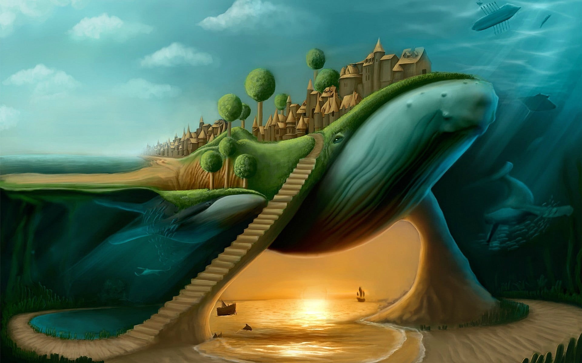 transportation, green color, abstract, motion, nature, art and craft, day, outdoors, nautical vessel, stairs, cloud - sky, fantasy art, digital composite, HD Wallpaper