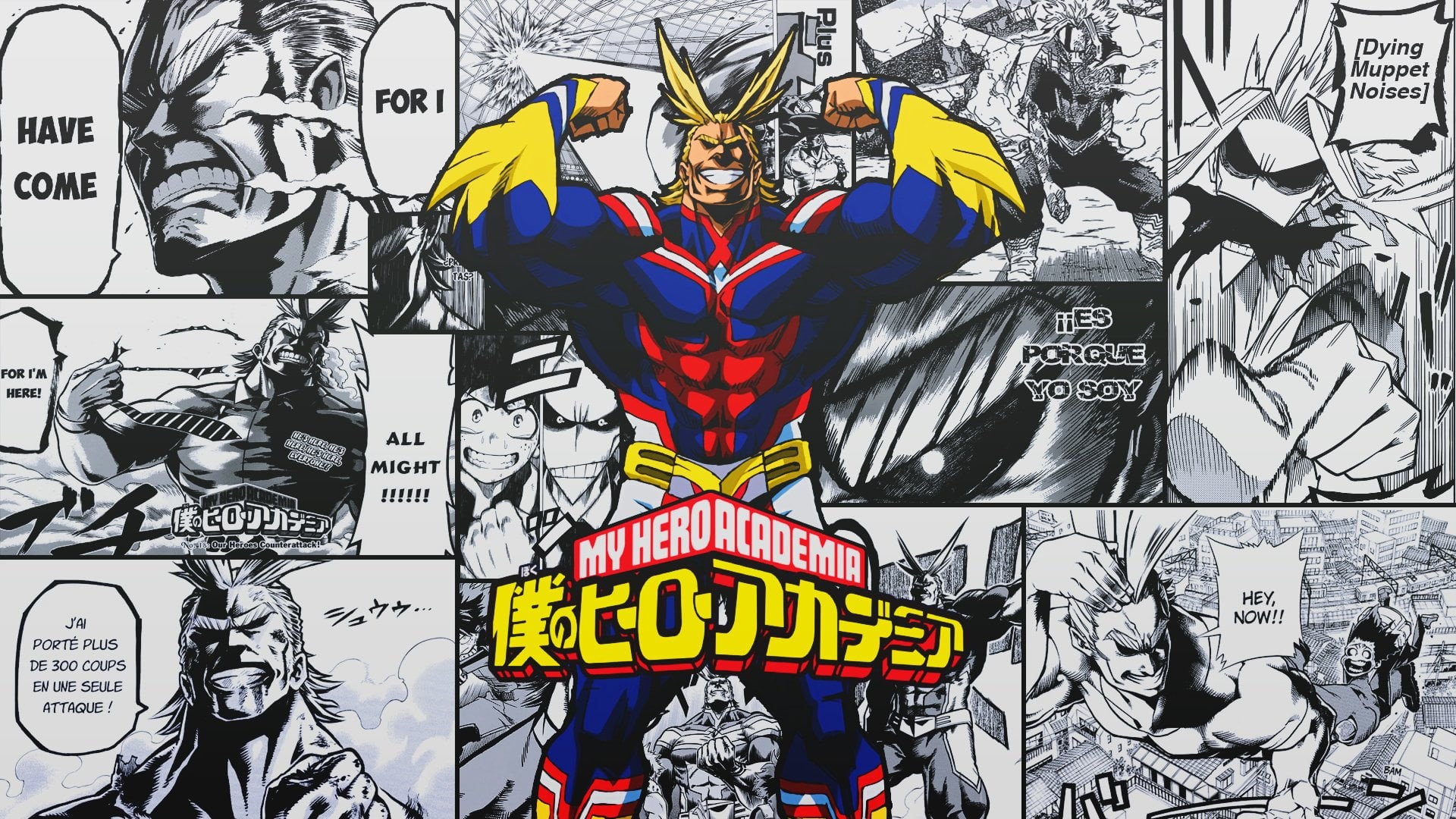 My Hero Academia, art and craft, hero, yellow, Anime, poster, male likeness, text, craft, 1080P, representation, wall - building feature, comic, multi colored, HD Wallpaper