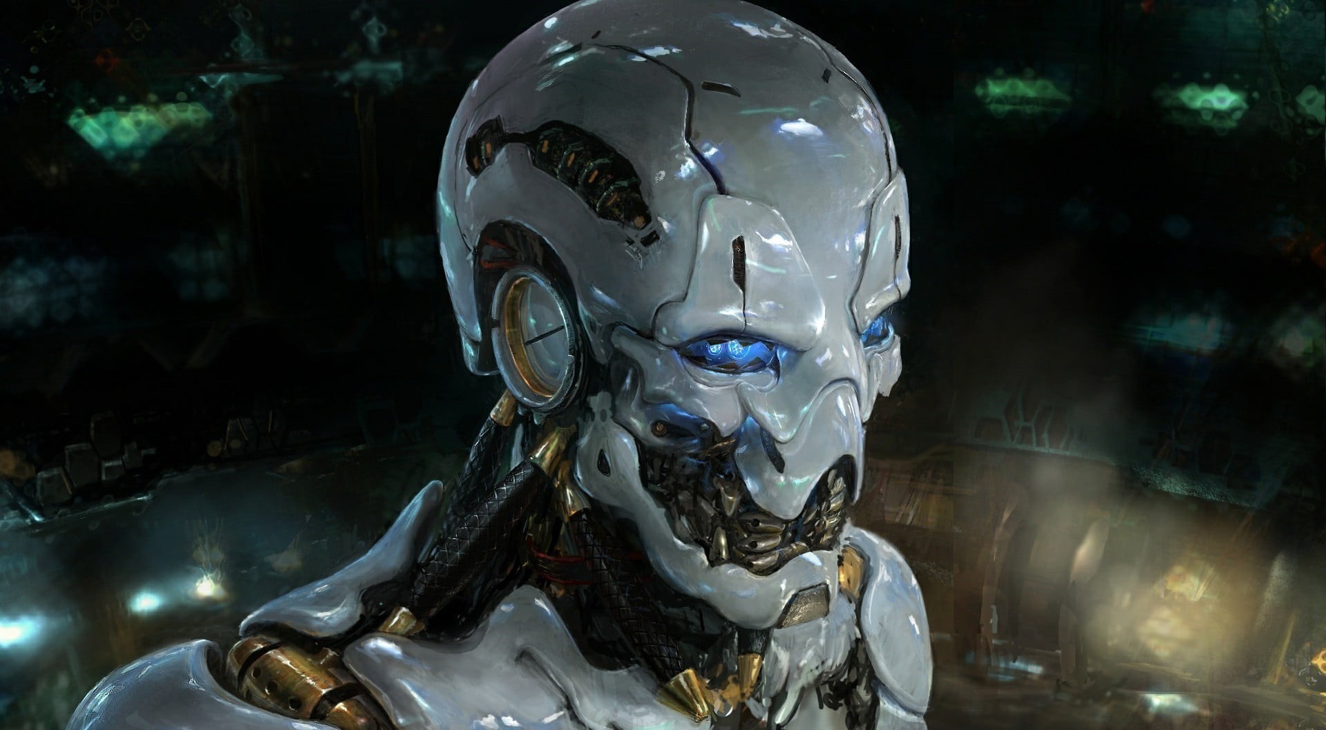 human representation, robot, blue eyes, artwork, no people, sculpture, head, creativity, 720P, science fiction, white, arts culture and entertainment, HD Wallpaper